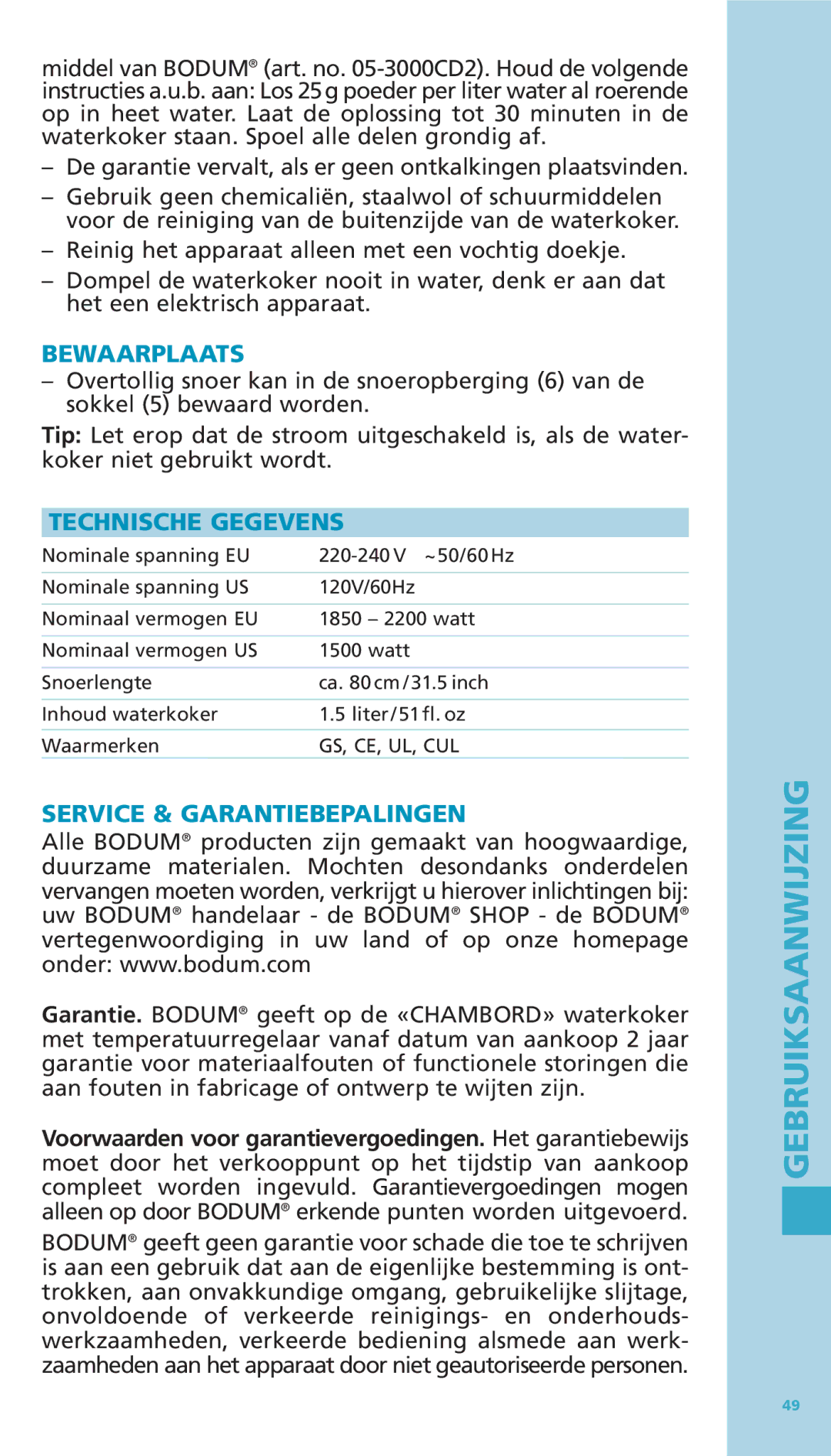 Bodum 11076-16 manual Bewaarplaats, Technische Gegevens, Service & Garantiebepalingen 