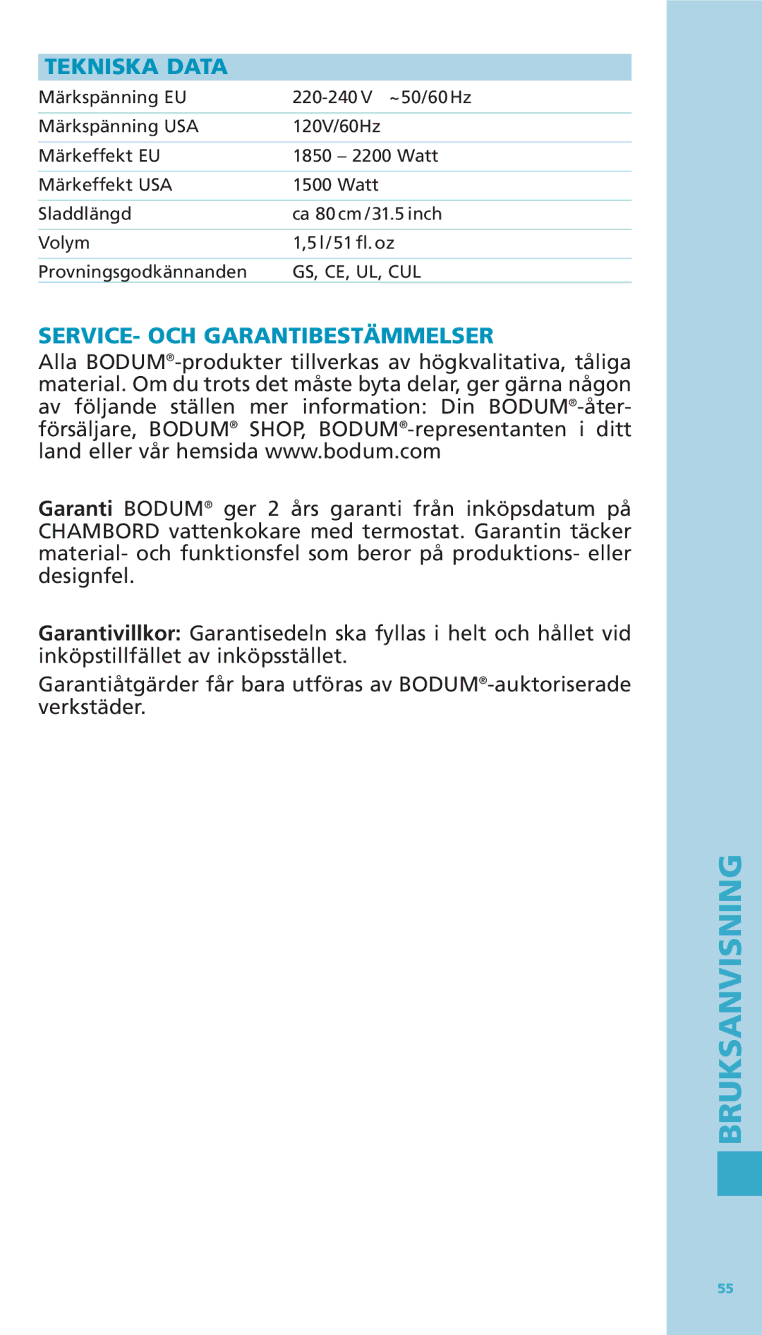 Bodum 11076-16 manual Tekniska Data, SERVICE- OCH Garantibestämmelser 