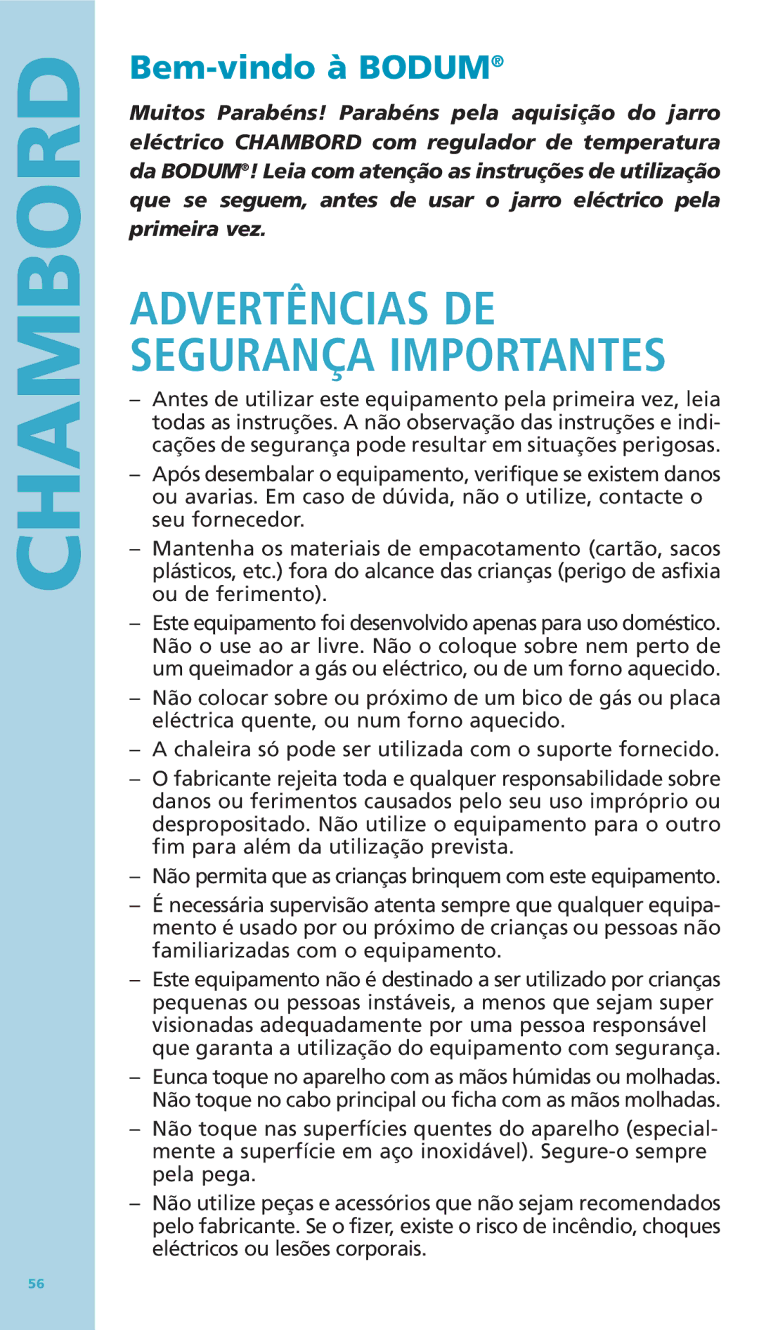 Bodum 11076-16 manual Advertências DE Segurança Importantes, Bem-vindo à Bodum 