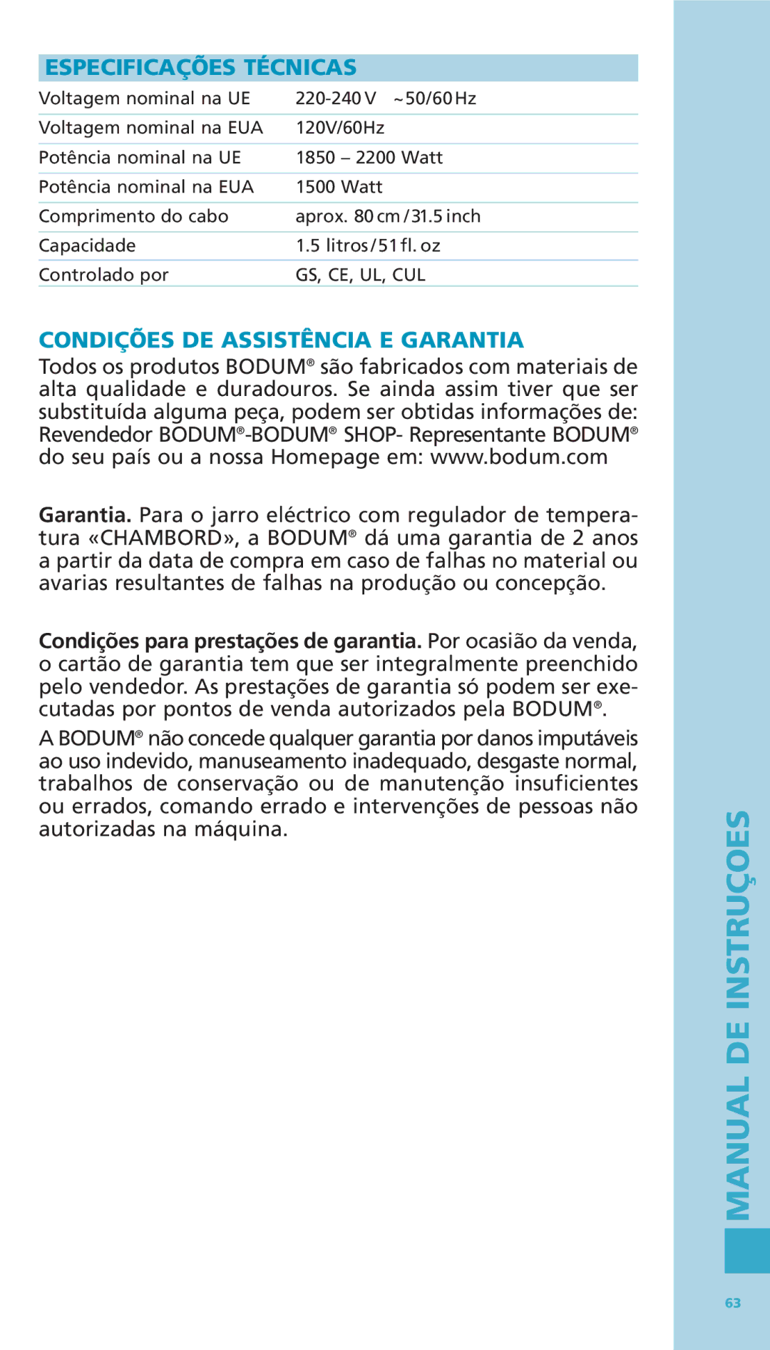 Bodum 11076-16 manual Especificações Técnicas, Condições DE Assistência E Garantia 