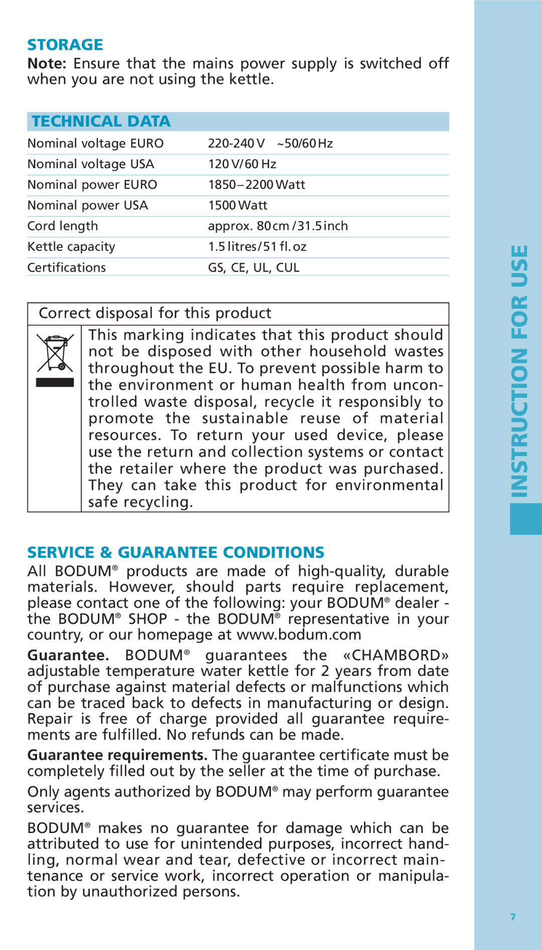 Bodum 11076-16 manual Storage Technical Data, Service & Guarantee Conditions 
