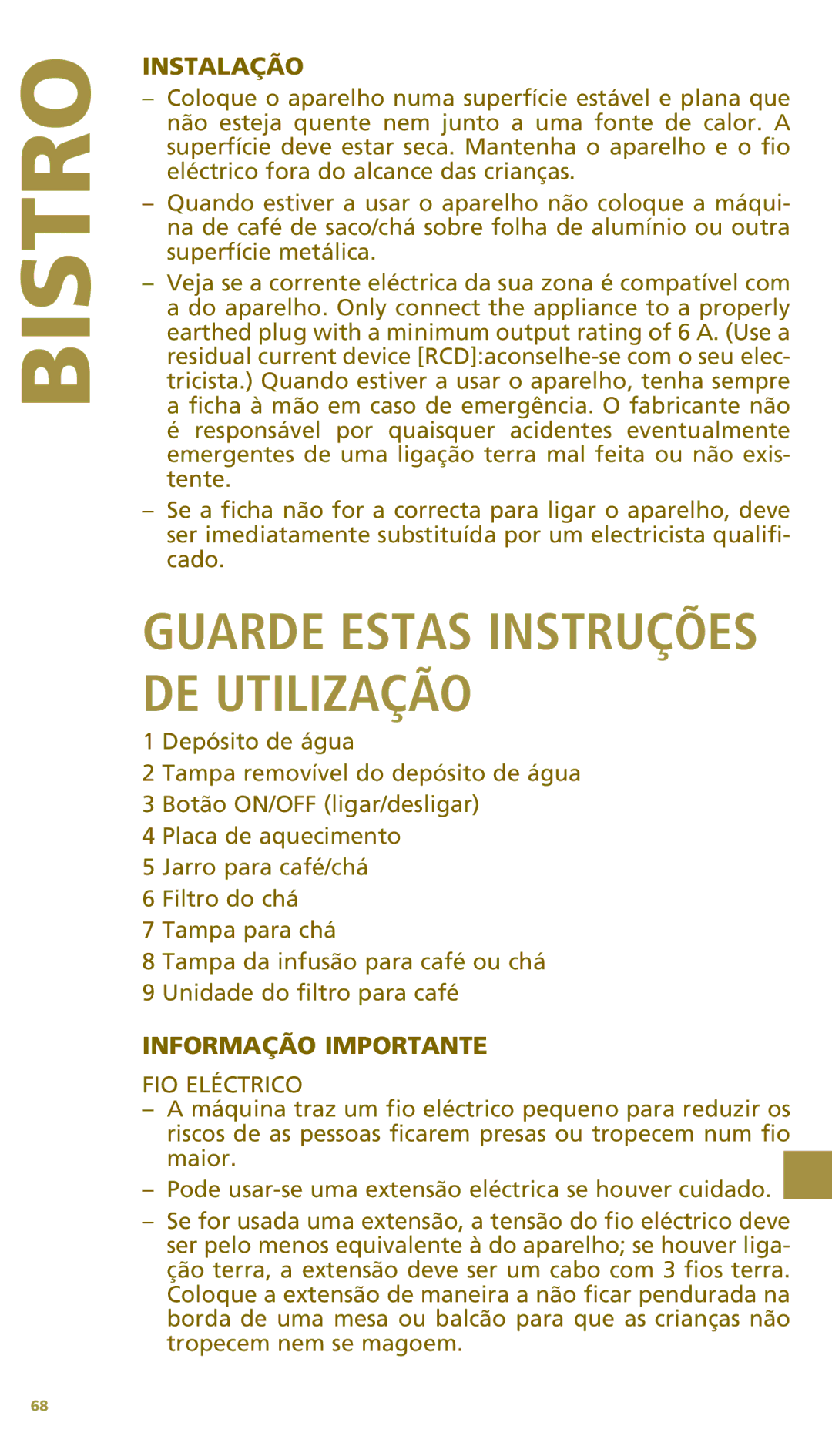 Bodum 11142 warranty Instalação, Informação Importante, FIO Eléctrico 