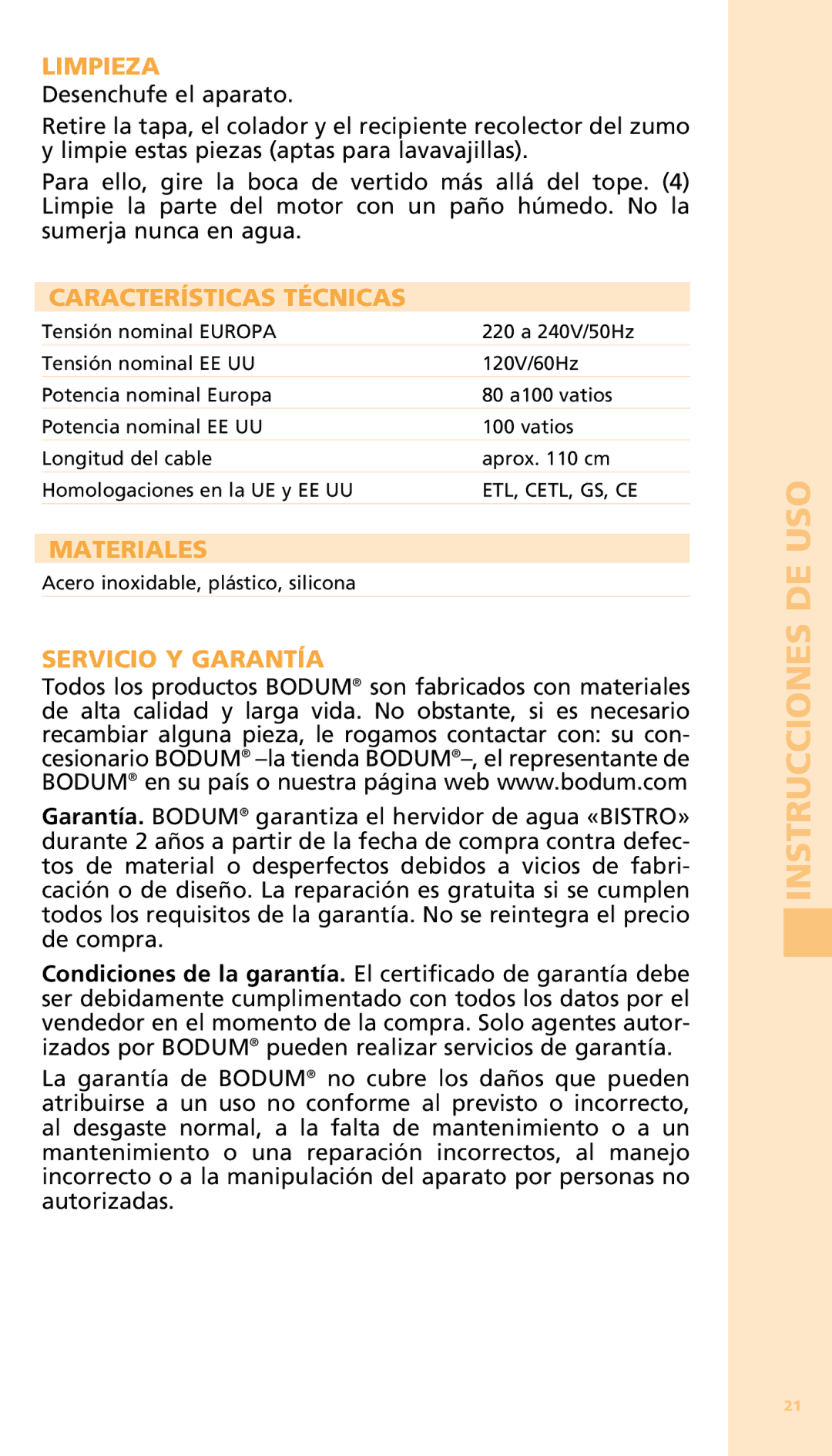 Bodum 11149 warranty Limpieza, Características Técnicas, Materiales, Servicio Y Garantía 