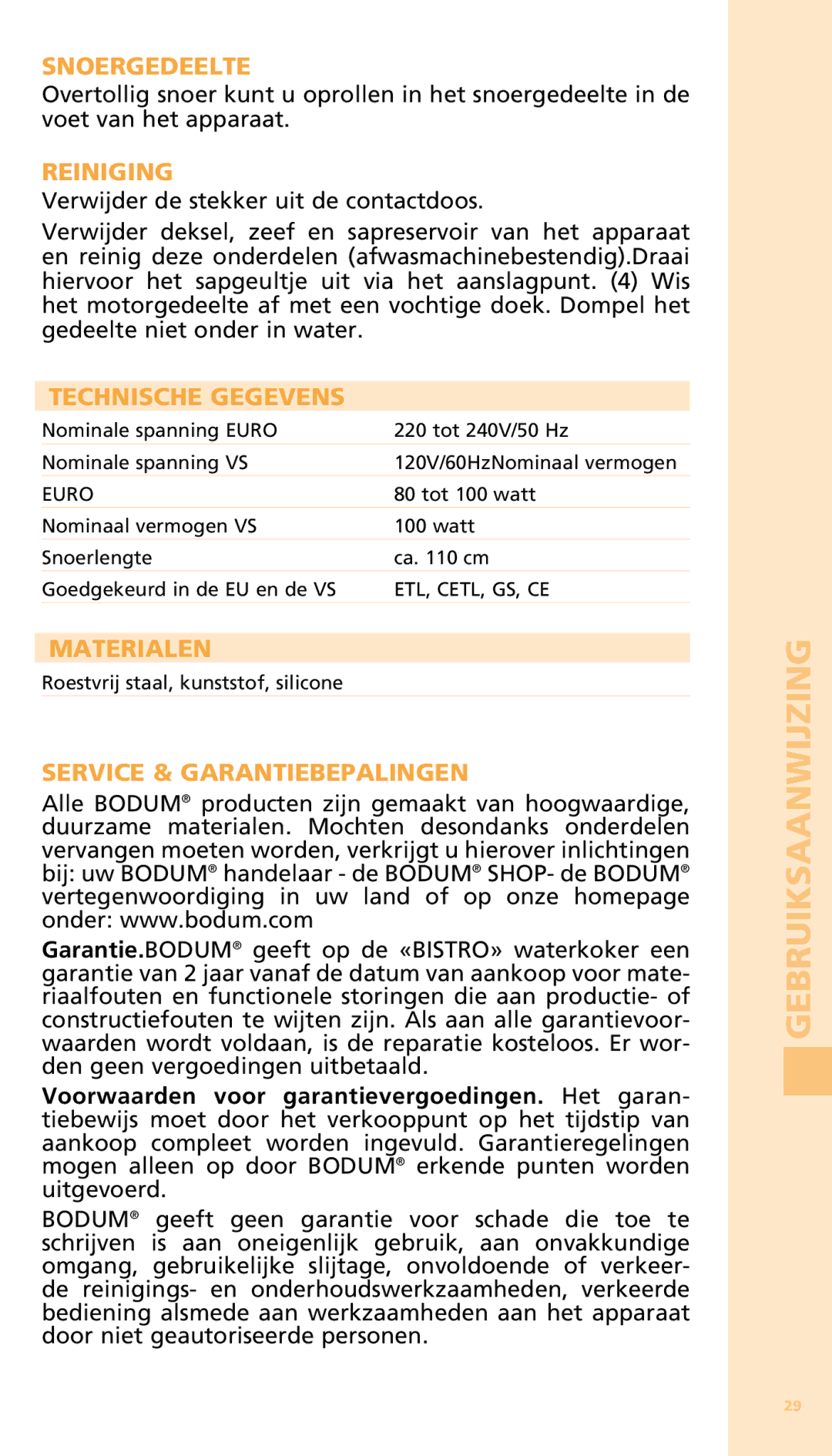 Bodum 11149 warranty Snoergedeelte, Reiniging, Technische Gegevens, Materialen, Service & Garantiebepalingen 