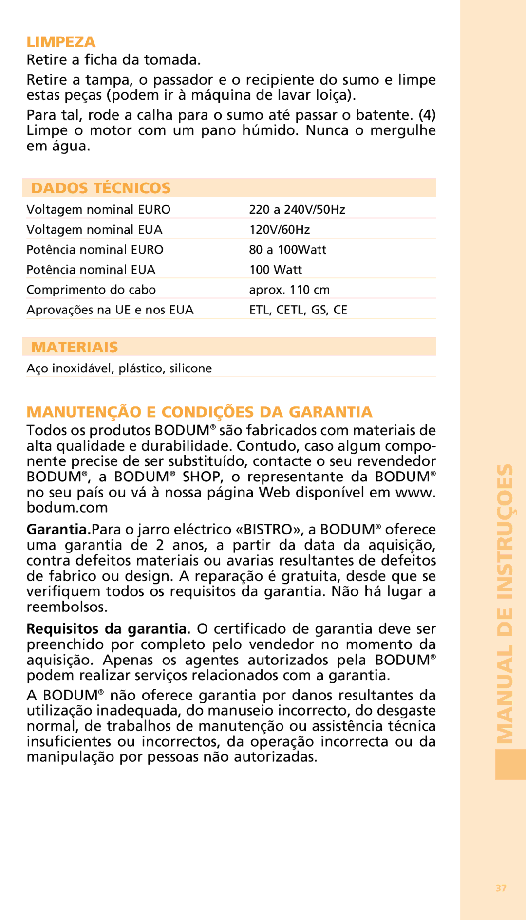 Bodum 11149 warranty Limpeza, Dados Técnicos, Materiais, Manutenção E Condições DA Garantia 