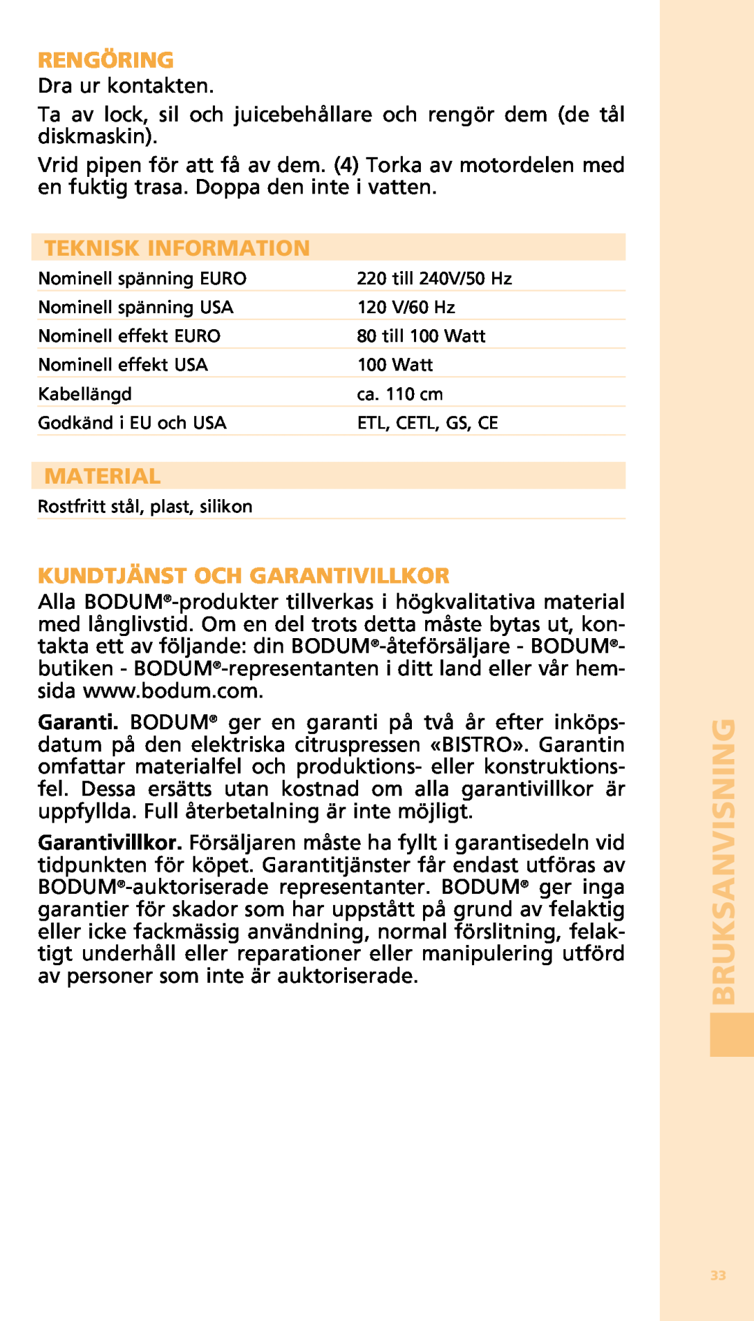 Bodum 11149 warranty Rengöring, Teknisk Information, Material, Kundtjänst Och Garantivillkor, Bruksanvisning 