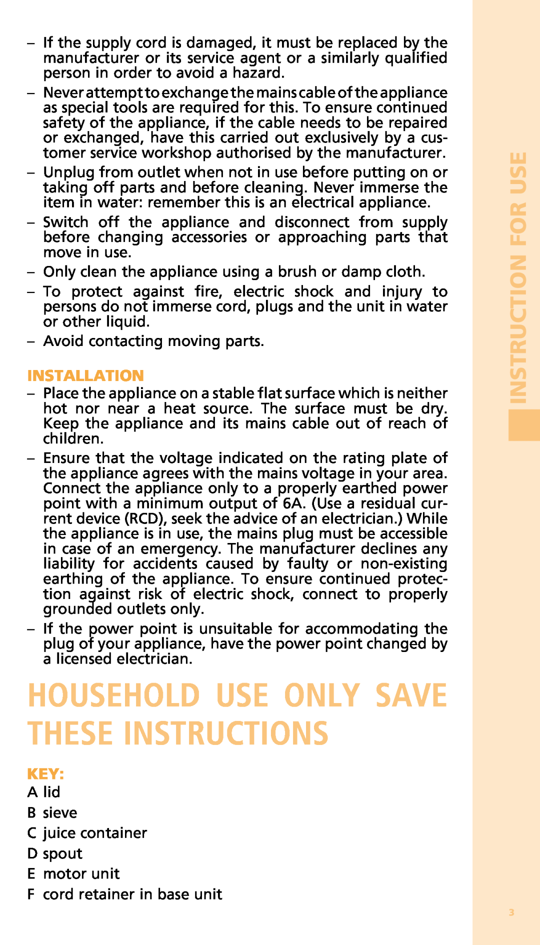 Bodum 11149 warranty Household Use Only Save These Instructions, Instruction for use, Installation 