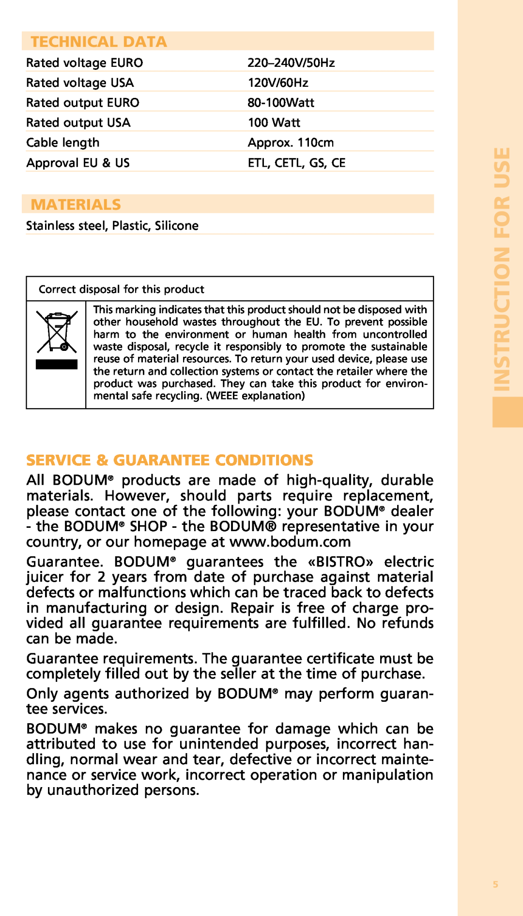 Bodum 11149 warranty Technical Data, Materials, Service & Guarantee Conditions, Instruction for use 