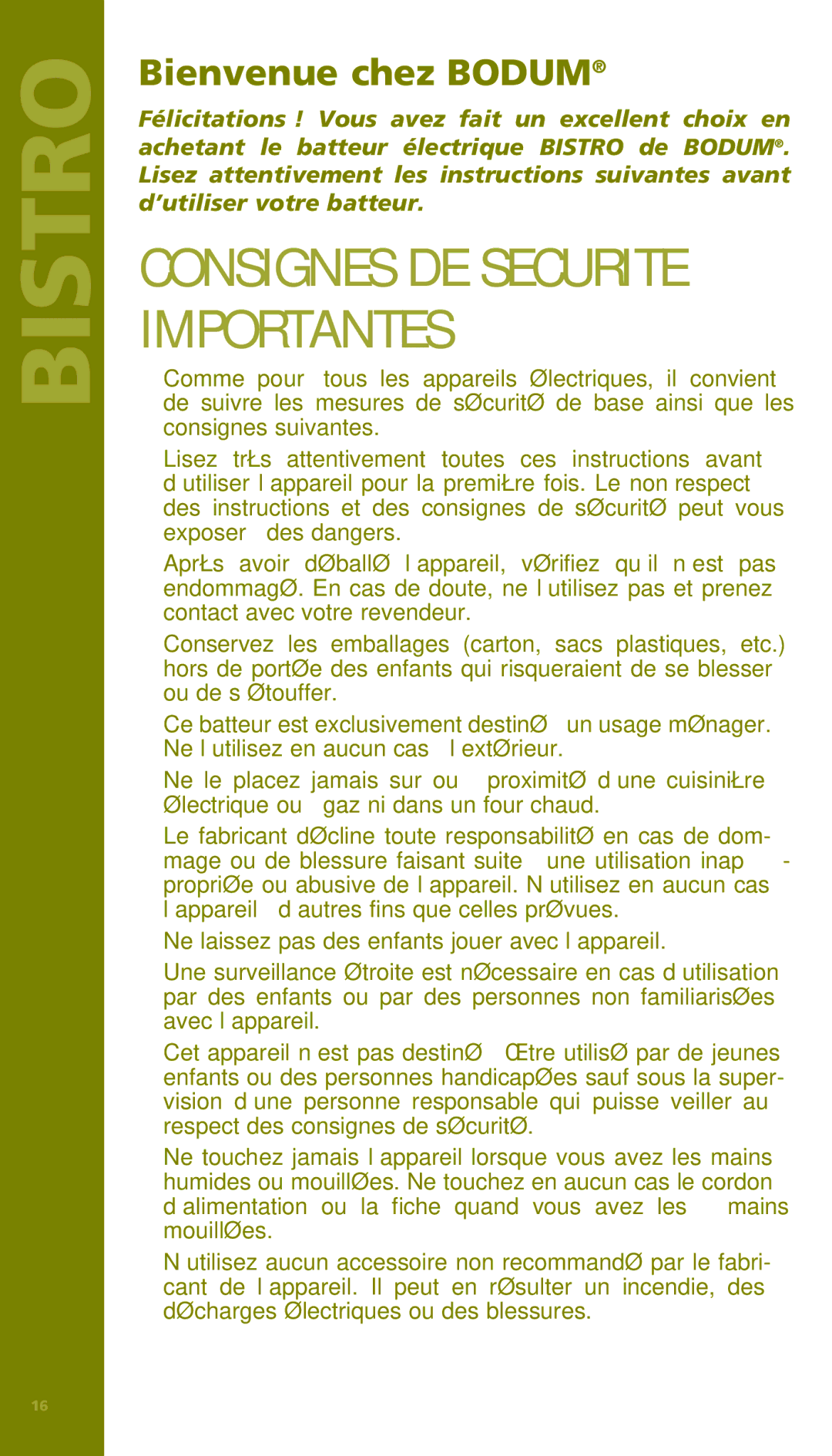 Bodum 11151 manual Consignes DE Securite Importantes, Bienvenue chez Bodum 