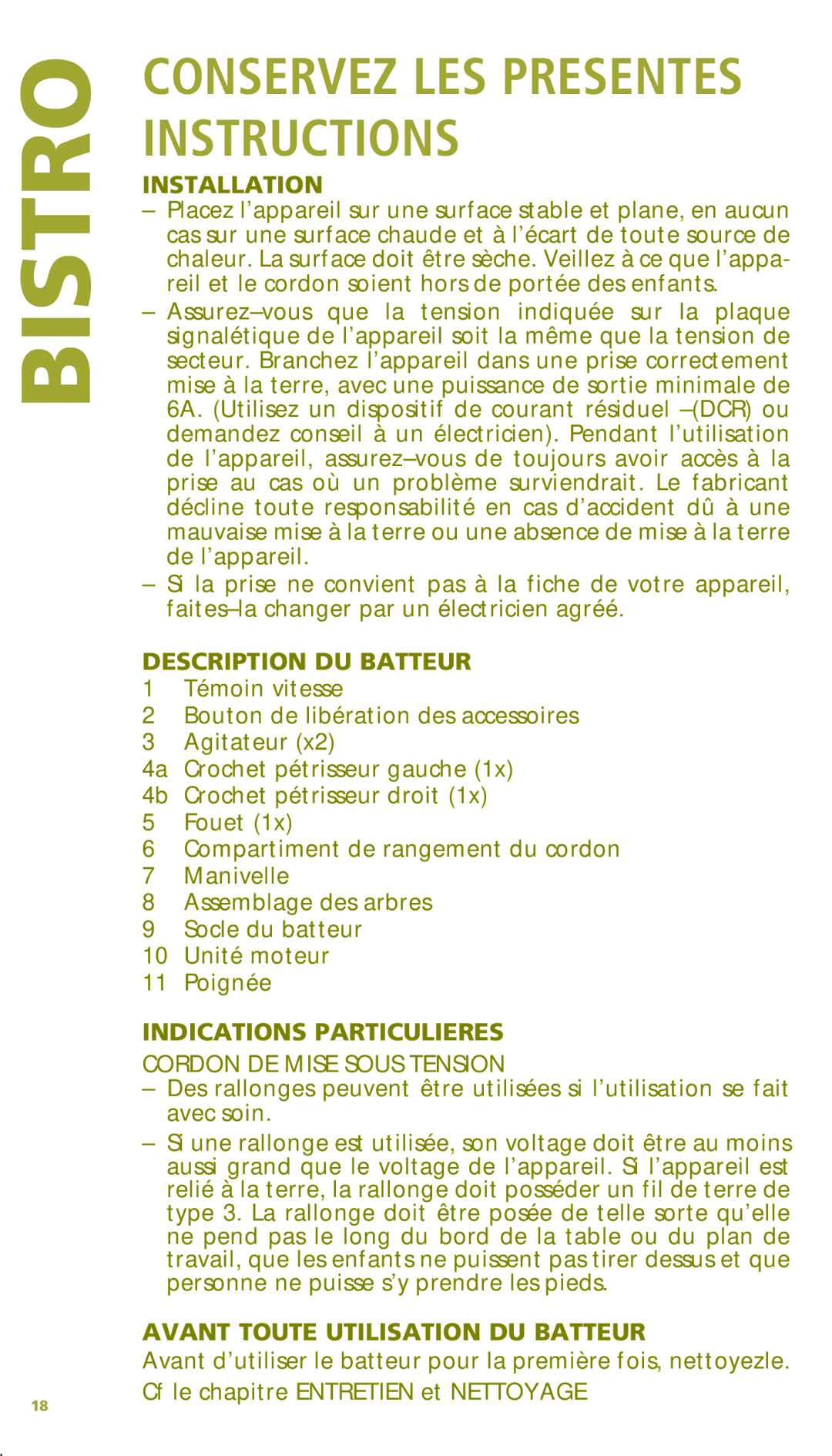 Bodum 11151 manual Description DU Batteur, Indications Particulieres, Cordon DE Mise Sous Tension 