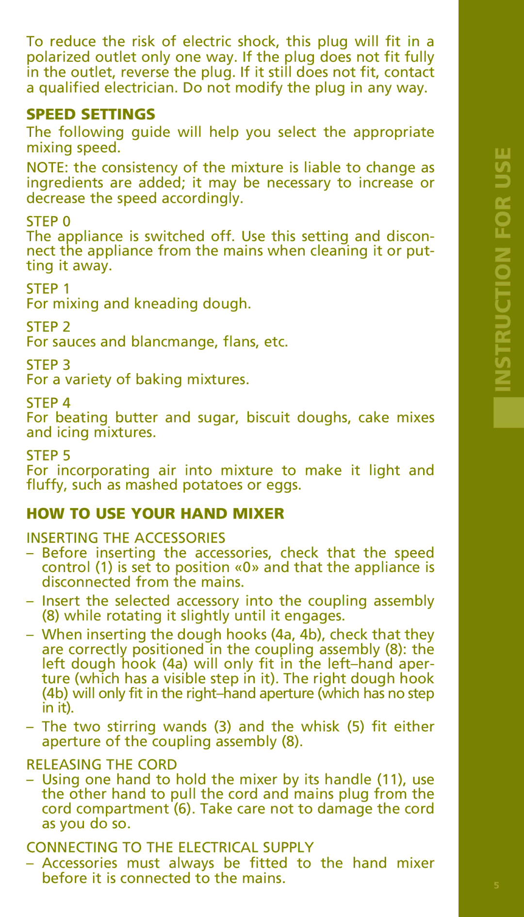 Bodum 11151 manual Speed Settings, HOW to USE Your Hand Mixer 