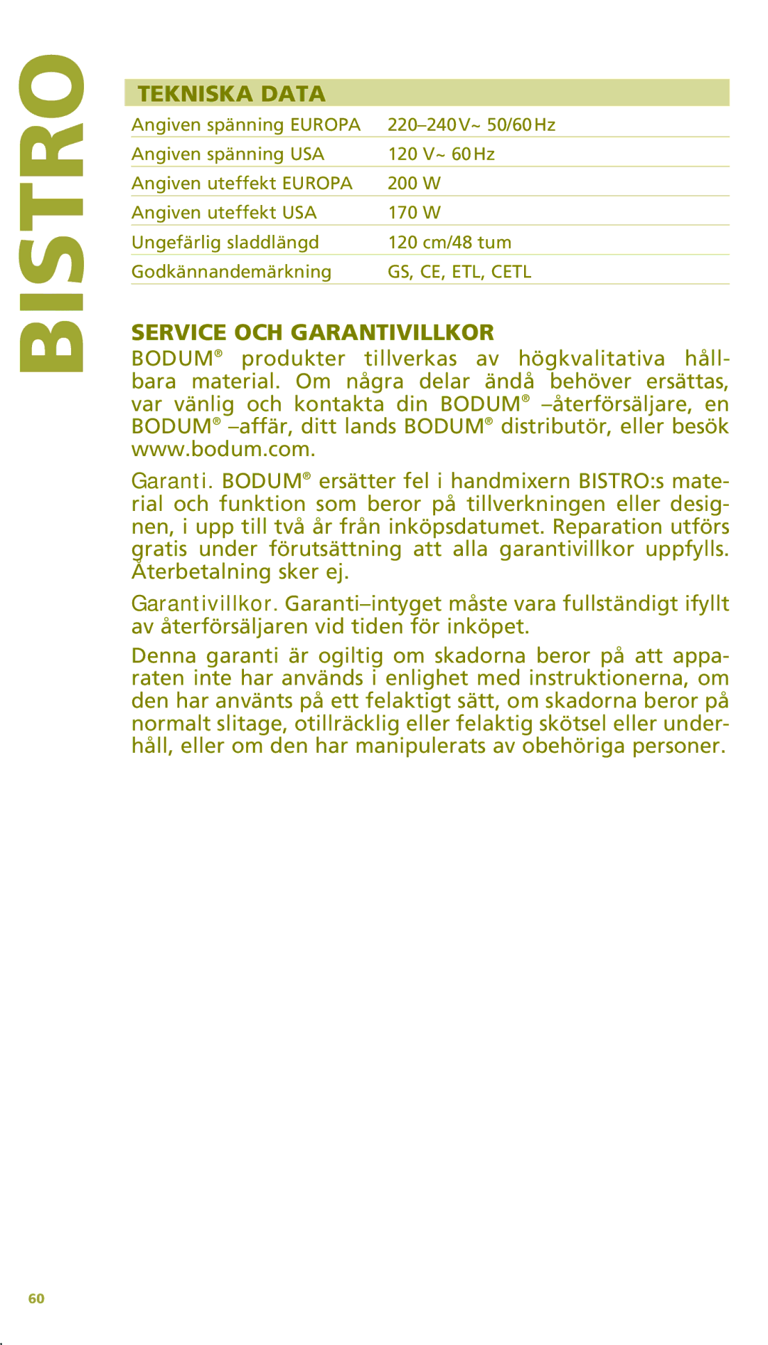 Bodum 11151 manual Tekniska Data, Service OCH Garantivillkor 