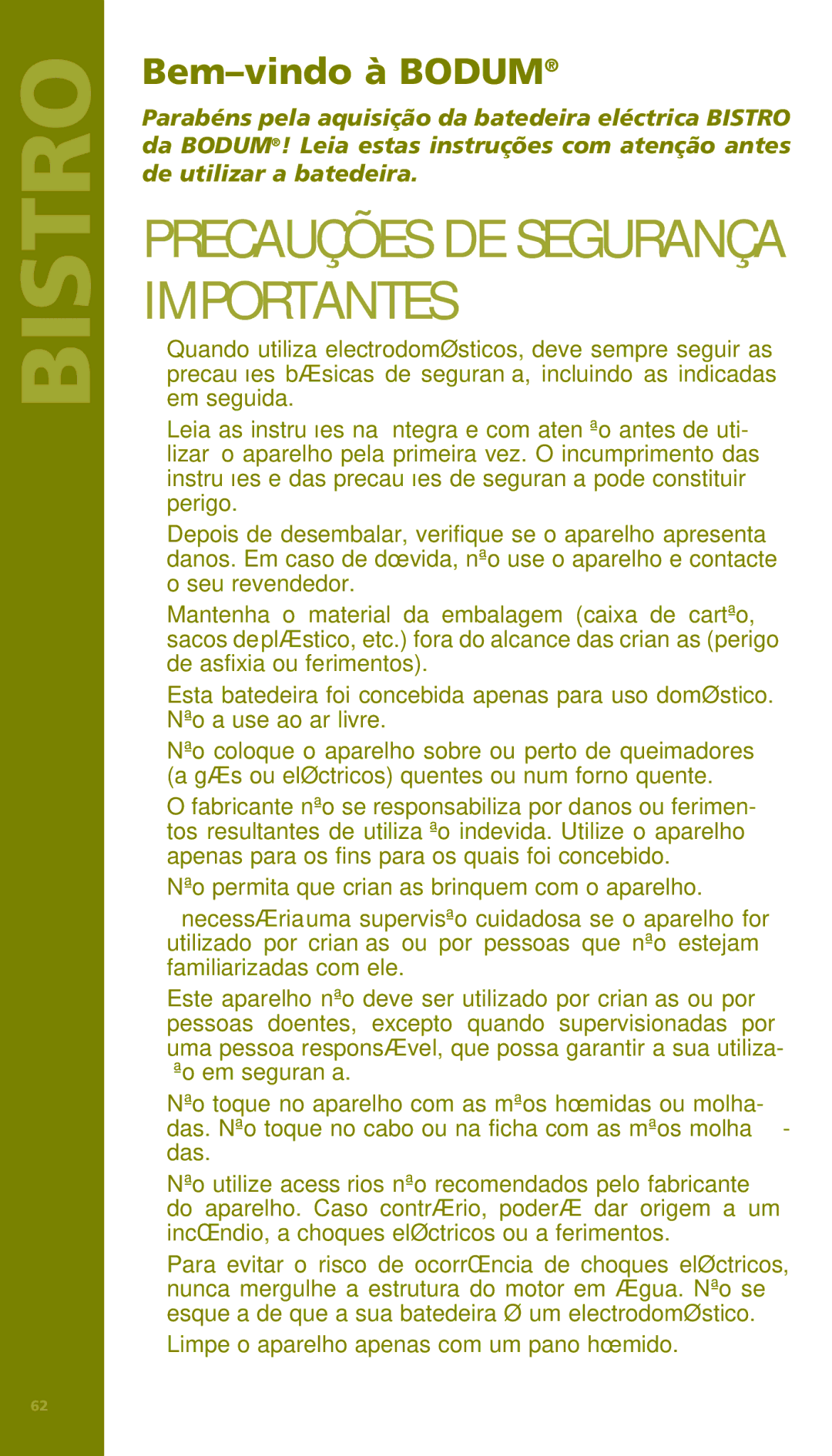 Bodum 11151 manual Precauções DE Segurança Importantes, Bem-vindo à Bodum 