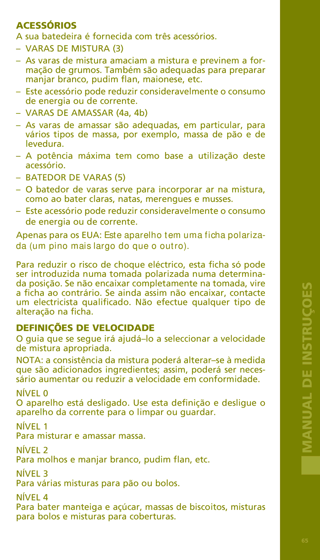 Bodum 11151 manual Acessórios, Varas DE Mistura, Batedor DE Varas, Definições DE Velocidade, Nível 