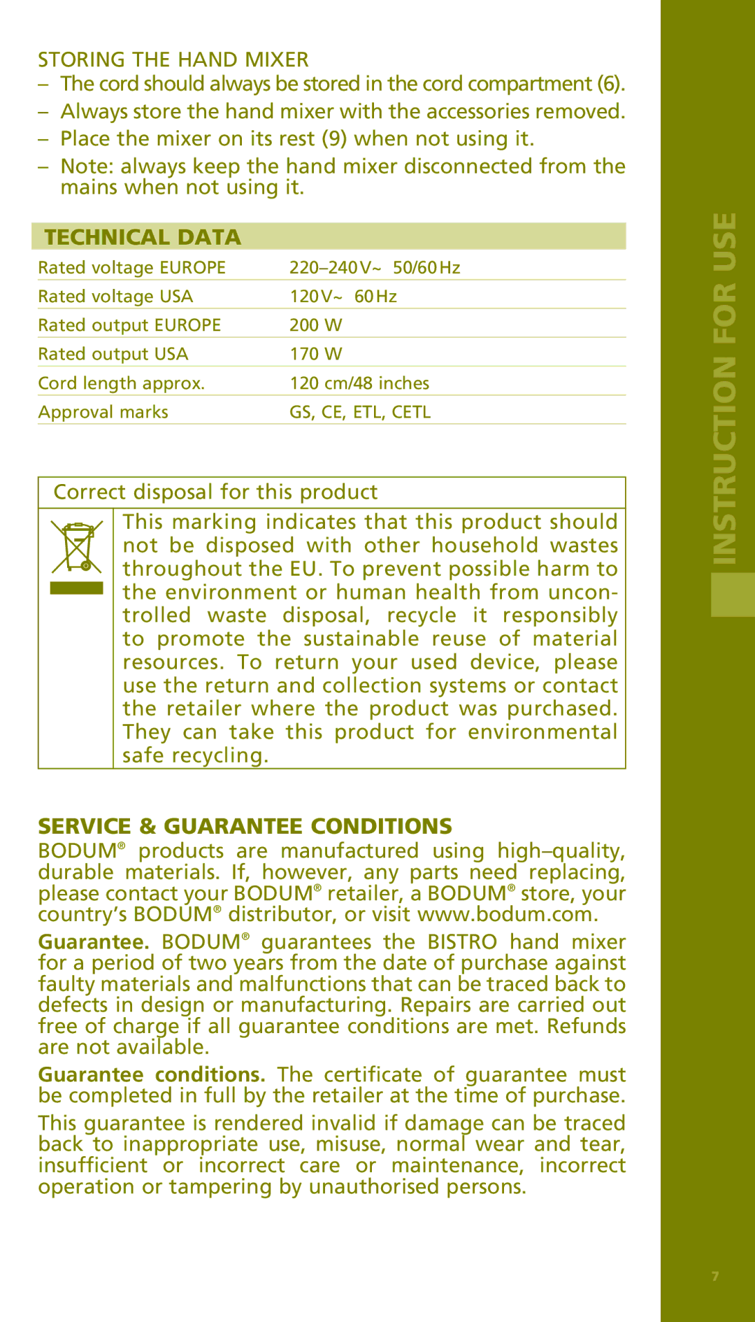 Bodum 11151 manual Storing the Hand Mixer, Technical Data, Service & Guarantee Conditions 