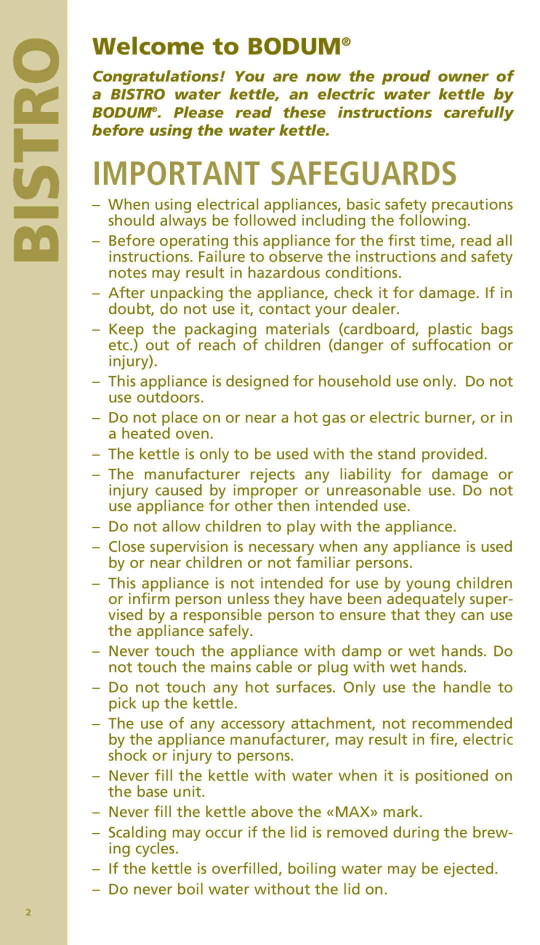 Bodum 11154 manual Important Safeguards, Welcome to Bodum 