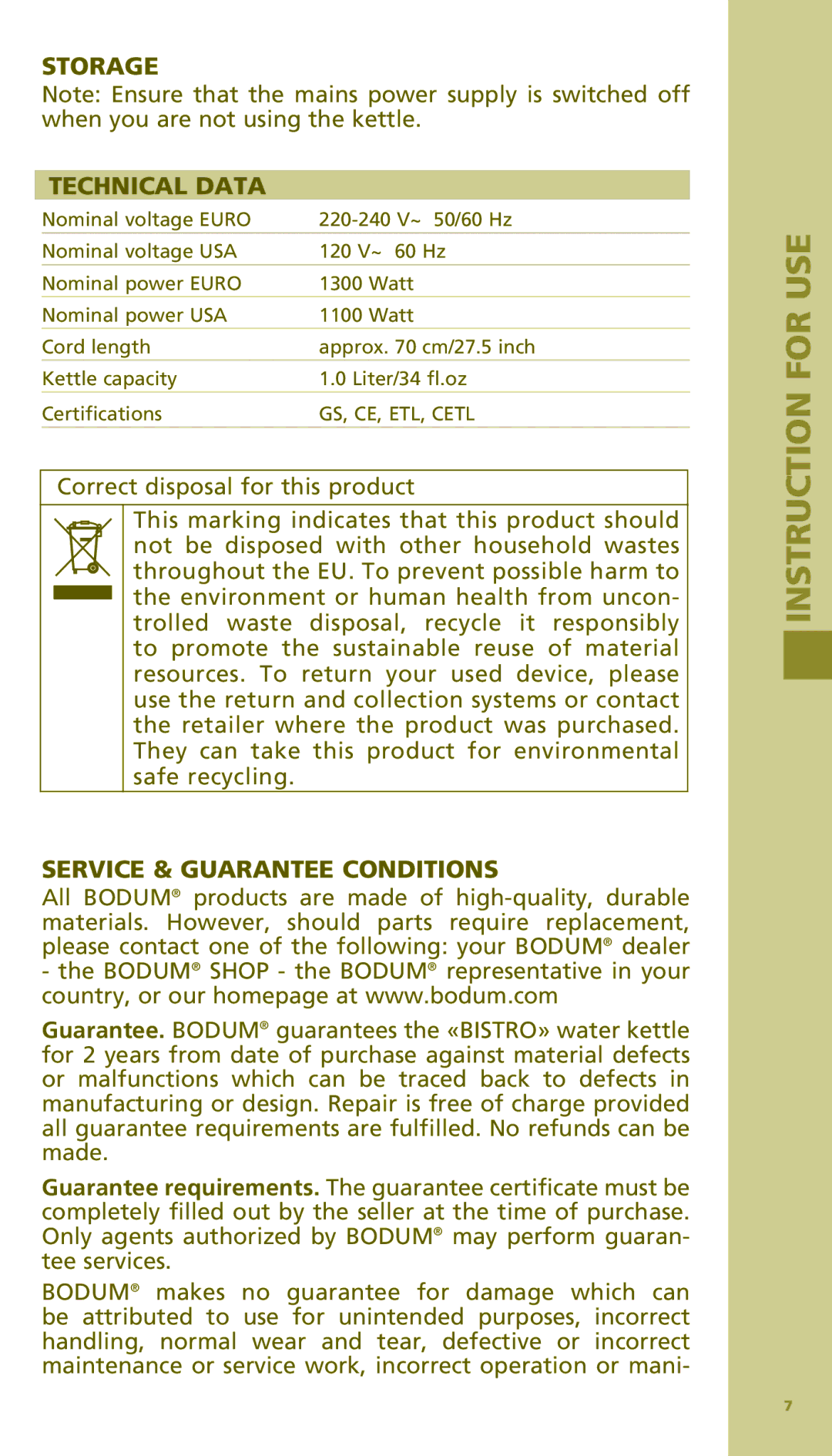 Bodum 11154 manual Storage Technical Data, Service & Guarantee Conditions 