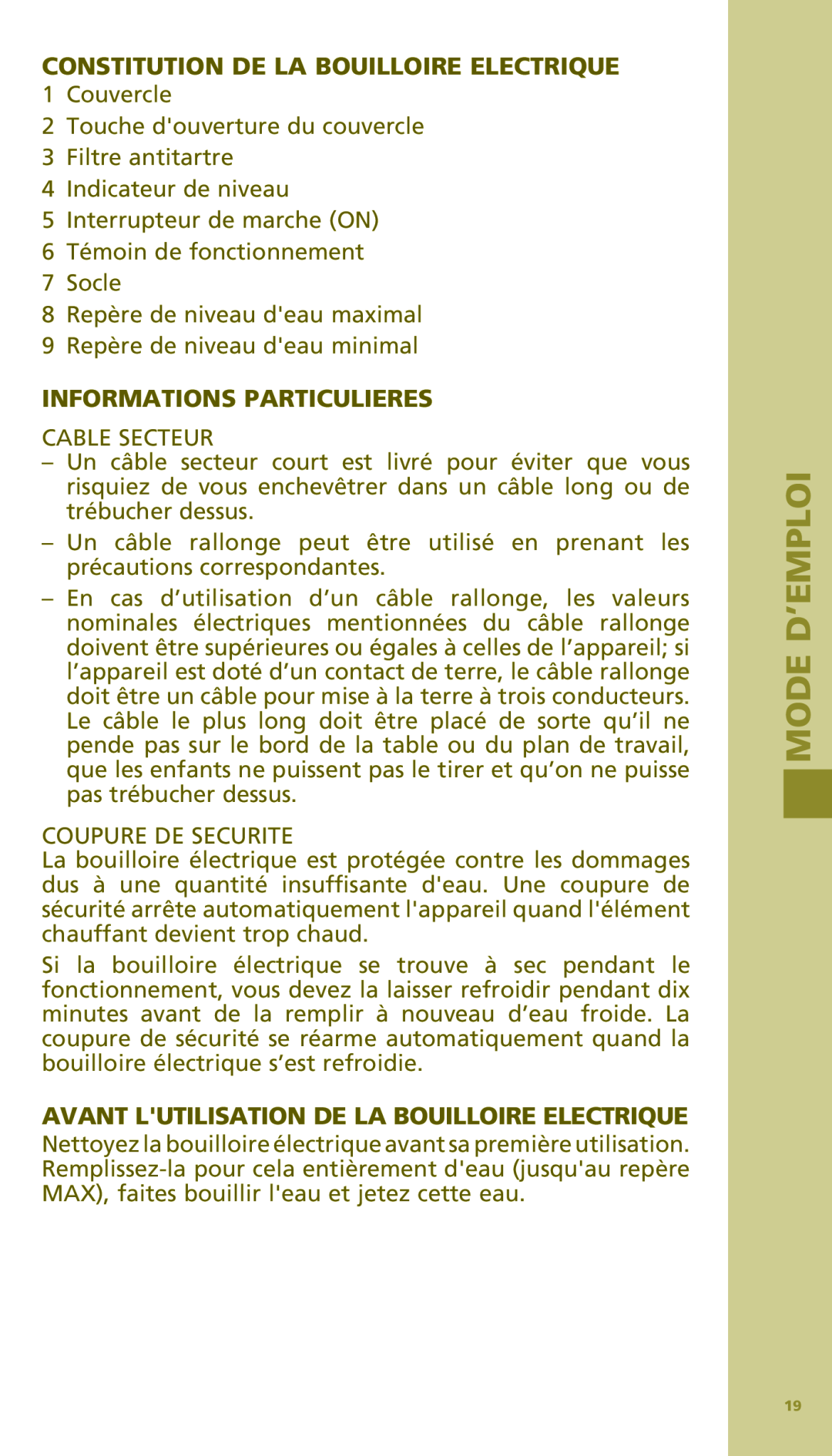 Bodum 11154 manual Constitution De La Bouilloire Electrique, Informations Particulieres, Mode D’Emploi 