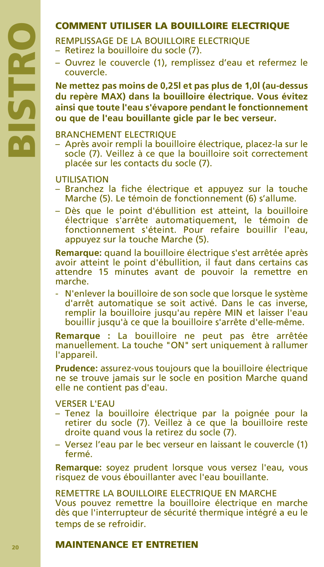 Bodum 11154 manual Comment Utiliser La Bouilloire Electrique, Maintenance Et Entretien, Bistro 