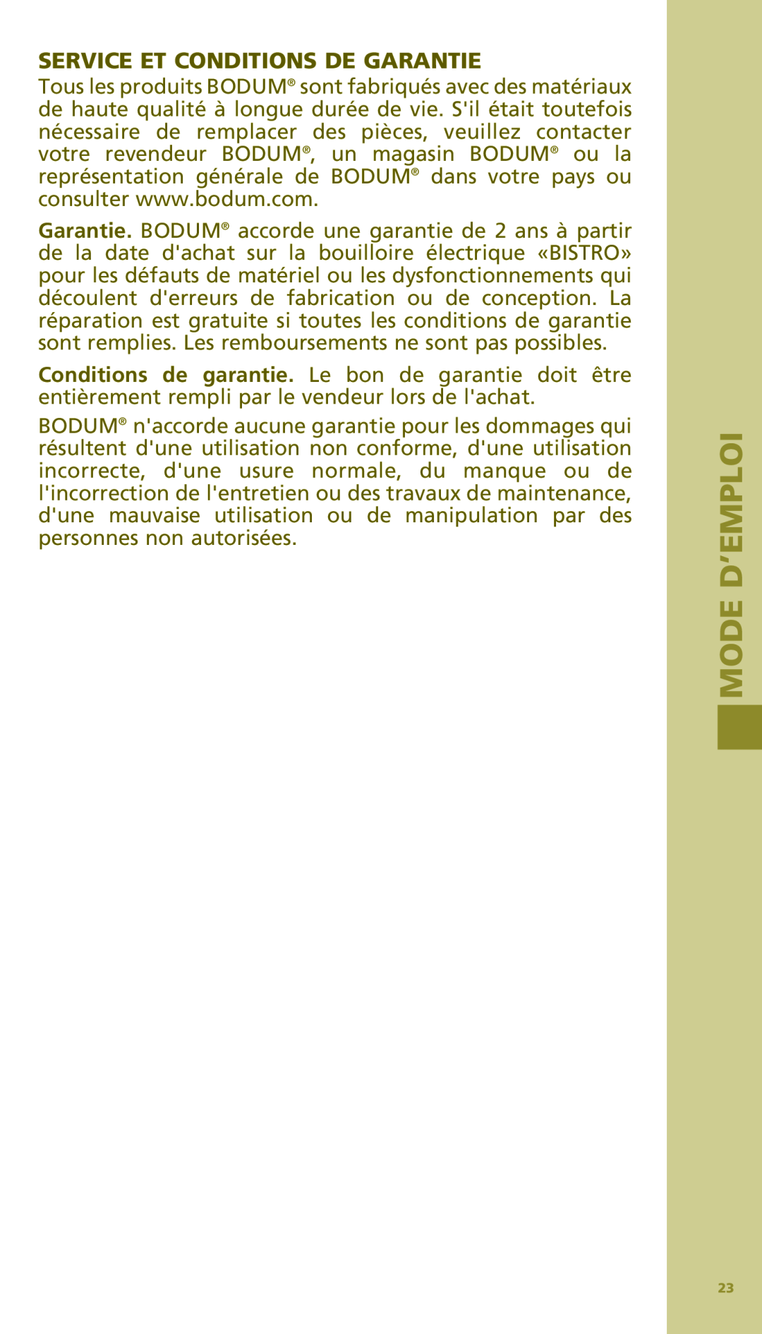 Bodum 11154 manual Service Et Conditions De Garantie, Mode D’Emploi 