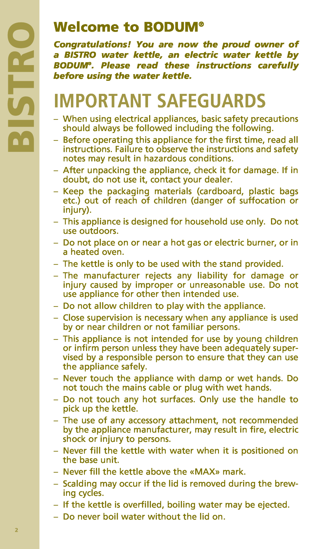 Bodum 11154 manual Bistro, Important Safeguards, Welcome to BODUM 