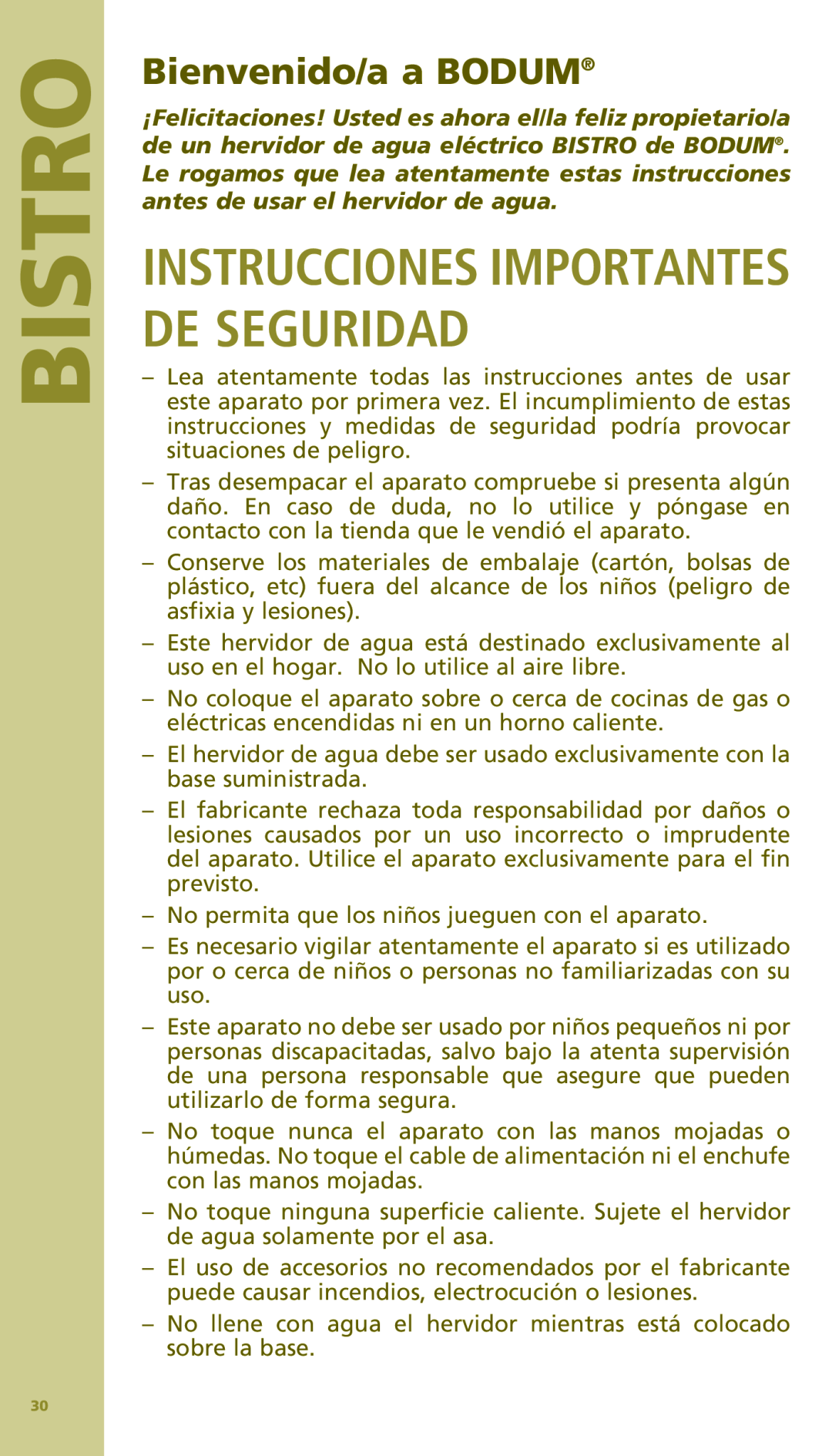 Bodum 11154 manual Instrucciones Importantes De Seguridad, Bienvenido/a a BODUM, Bistro 