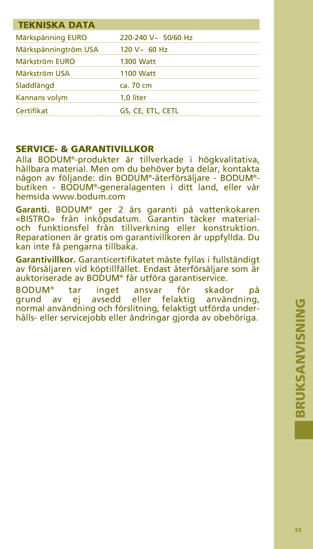 Bodum 11154 manual Tekniska Data, Service- & Garantivillkor, Bruksanvisning 