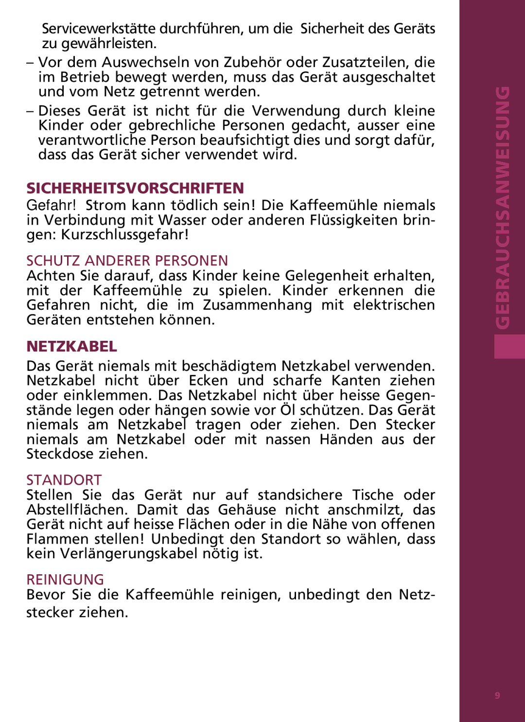 Bodum 11160 manual Sicherheitsvorschriften, Schutz anderer Personen, Netzkabel, Standort, Reinigung 