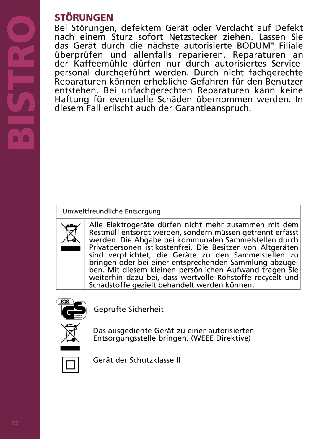 Bodum 11160 manual Störungen 