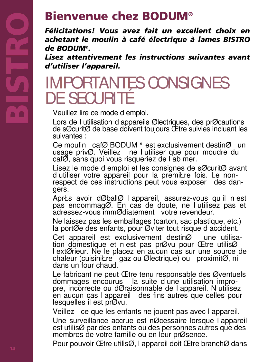 Bodum 11160 manual Importantes Consignes DE Securité, Bienvenue chez Bodum 