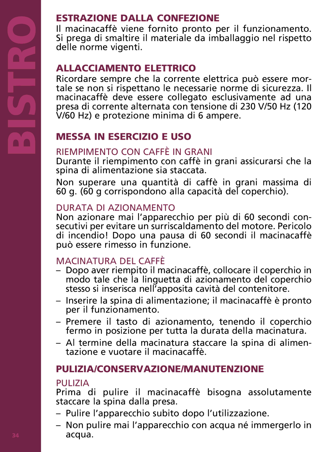 Bodum 11160 manual Estrazione dalla confezione, Allacciamento elettrico, Messa in esercizio e uso 