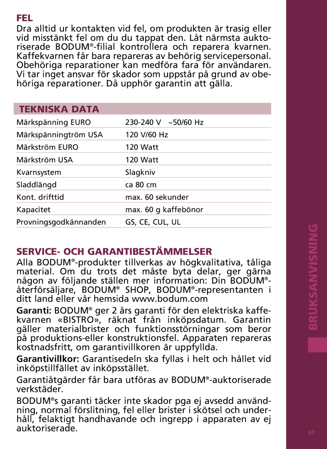 Bodum 11160 manual Fel, Tekniska Data, SERVICE- OCH Garantibestämmelser 