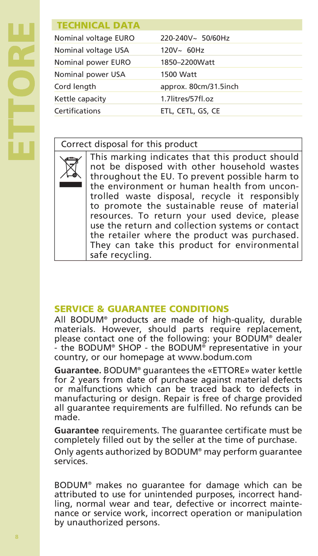 Bodum 11175 warranty Technical Data, Service & Guarantee Conditions 