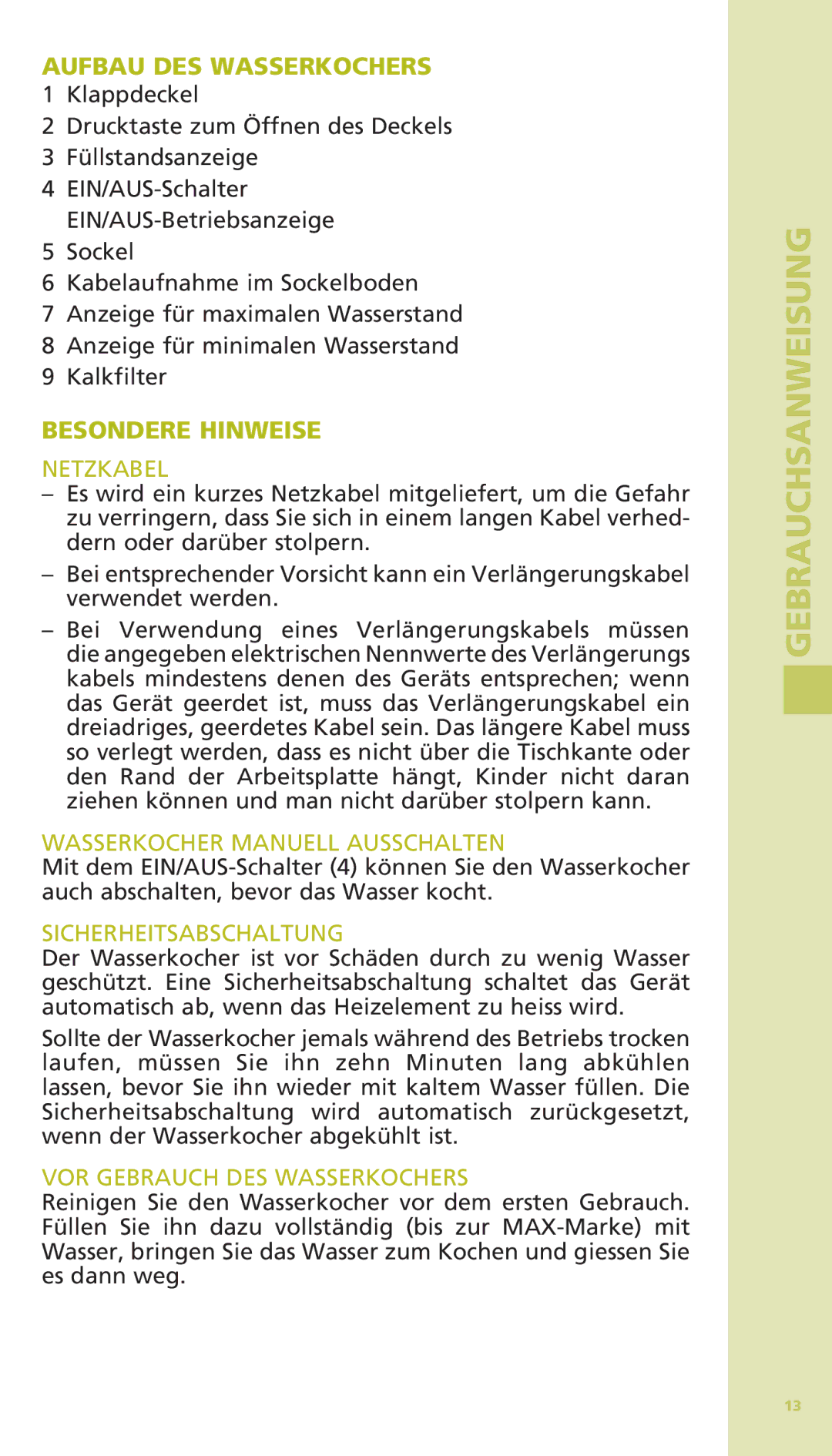 Bodum 11175 warranty Aufbau DES Wasserkochers, Besondere Hinweise 