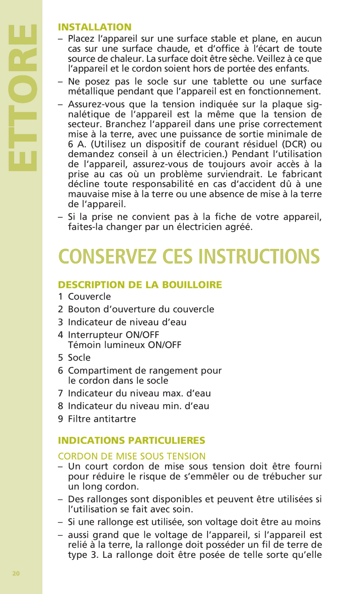 Bodum 11175 warranty Description DE LA Bouilloire, Indications Particulieres, Cordon DE Mise Sous Tension 