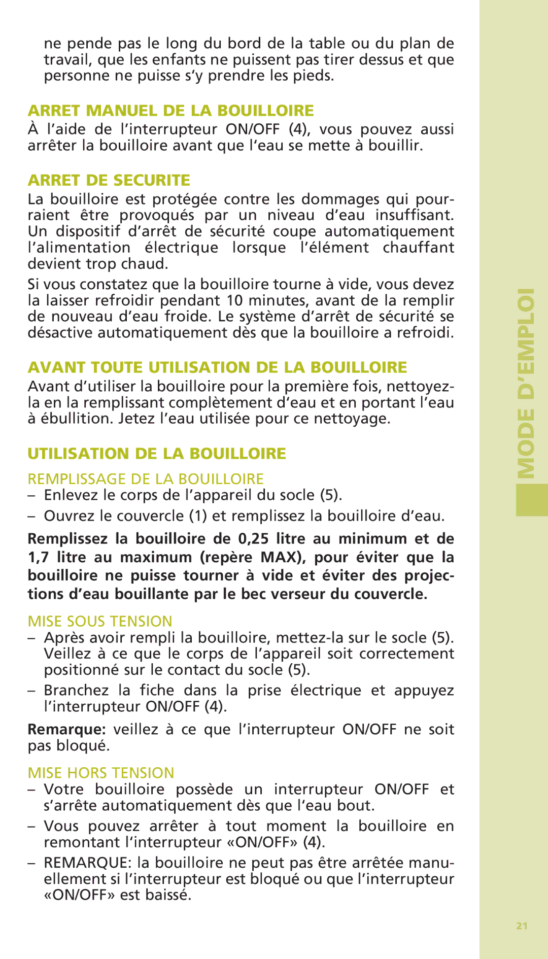 Bodum 11175 warranty Arret Manuel DE LA Bouilloire, Arret DE Securite, Avant Toute Utilisation DE LA Bouilloire 