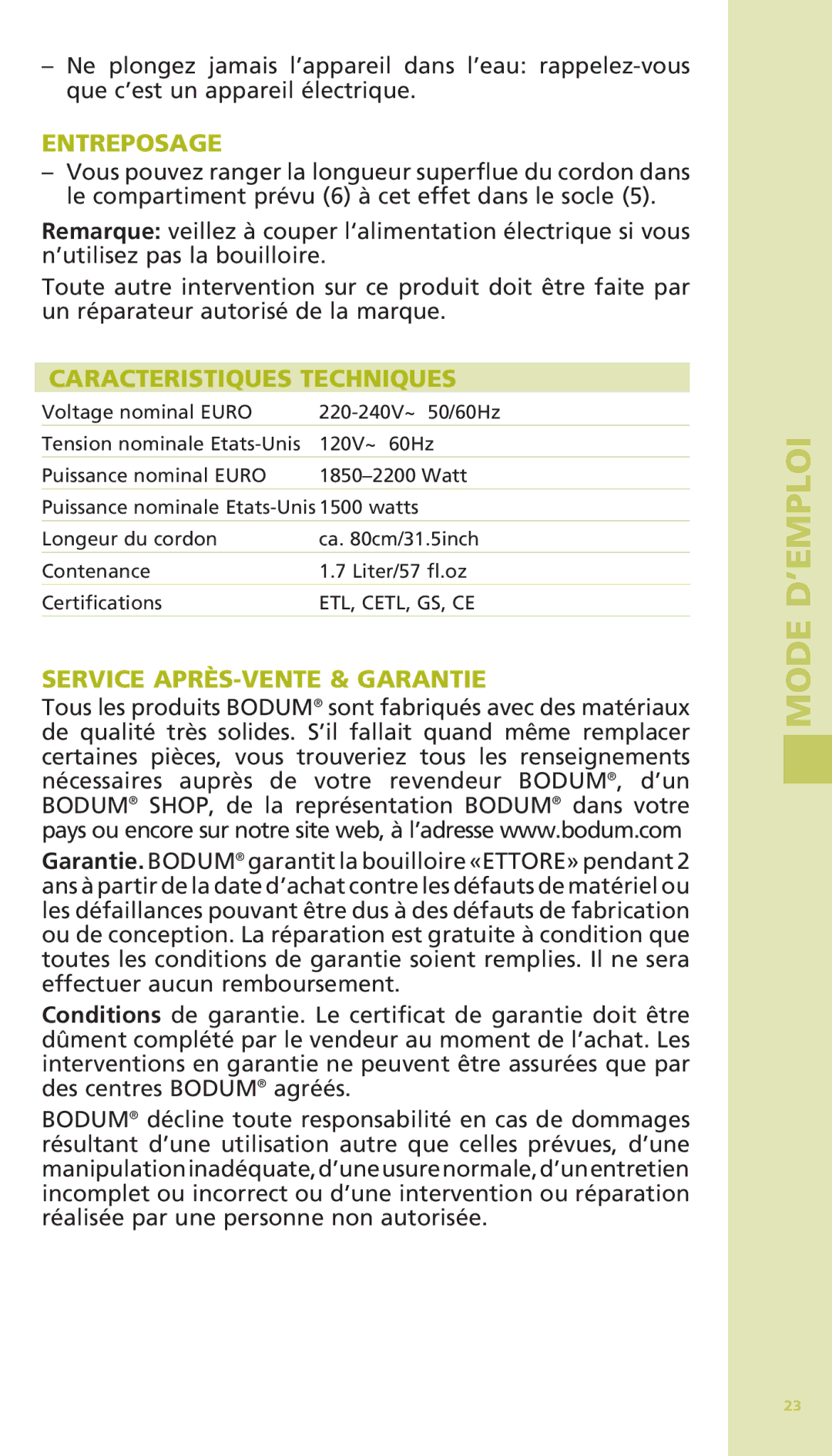 Bodum 11175 warranty Entreposage, Caracteristiques Techniques, Service APRÈS-VENTE & Garantie 