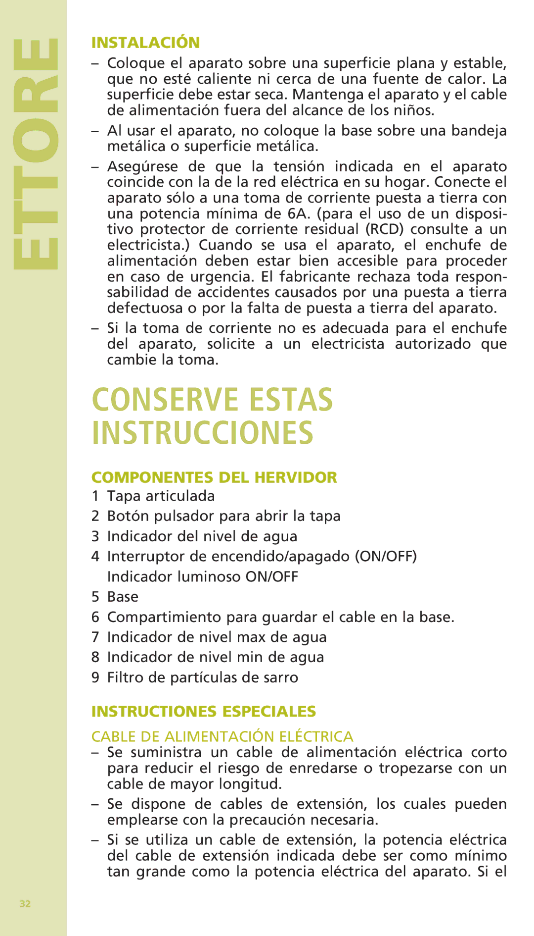 Bodum 11175 warranty Conserve Estas Instrucciones, Instalación, Componentes DEL Hervidor, Instructiones Especiales 