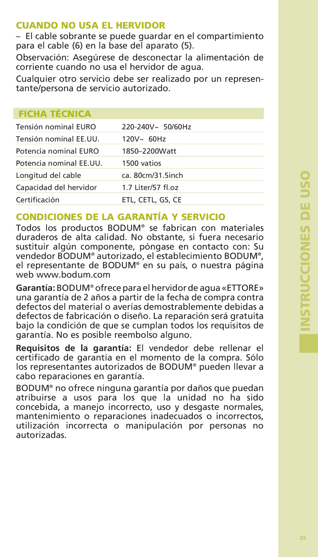 Bodum 11175 warranty Cuando no USA EL Hervidor, Ficha Técnica, Condiciones DE LA Garantía Y Servicio 