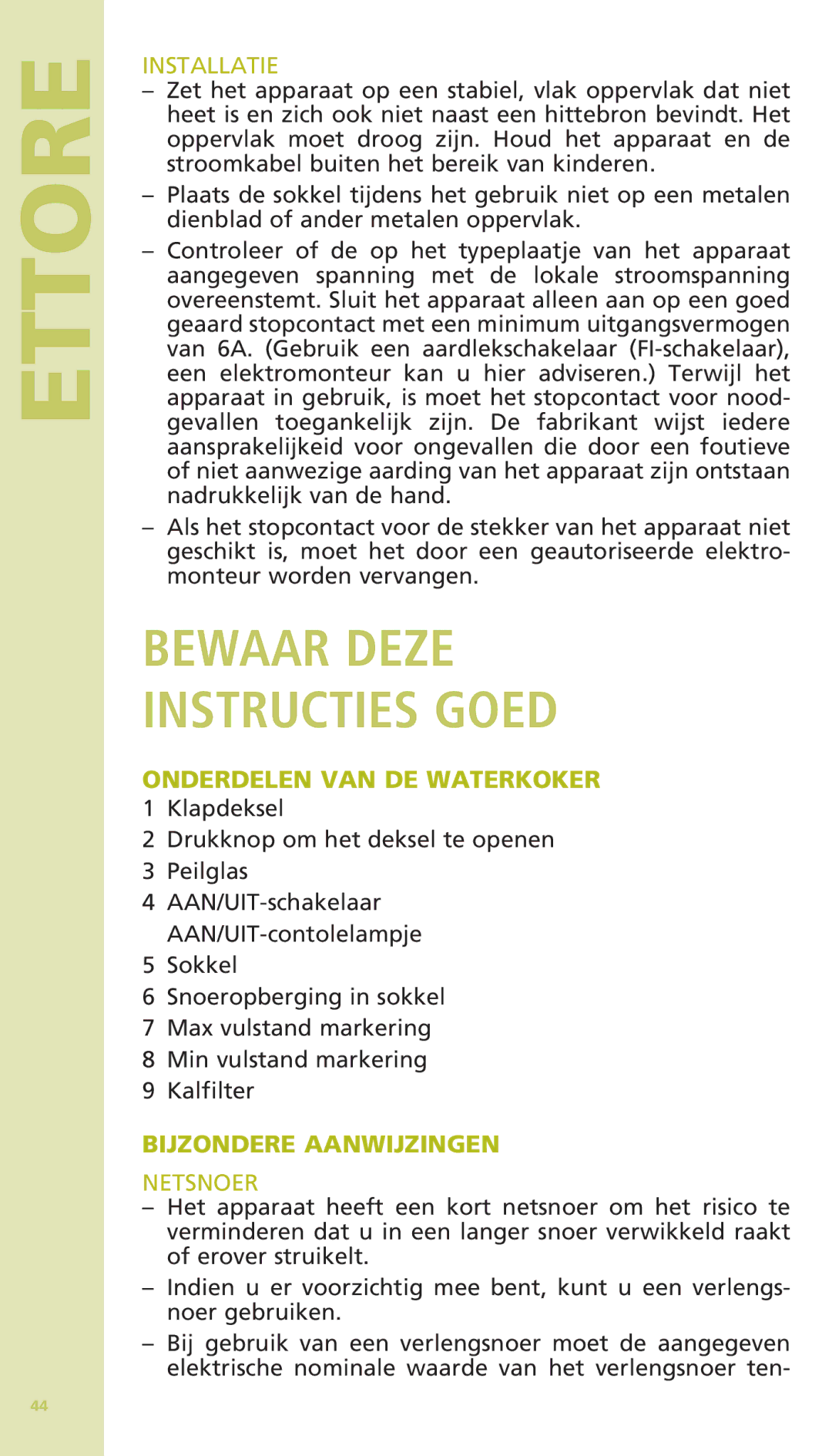 Bodum 11175 Bewaar Deze Instructies Goed, Installatie, Onderdelen VAN DE Waterkoker, Bijzondere Aanwijzingen, Netsnoer 