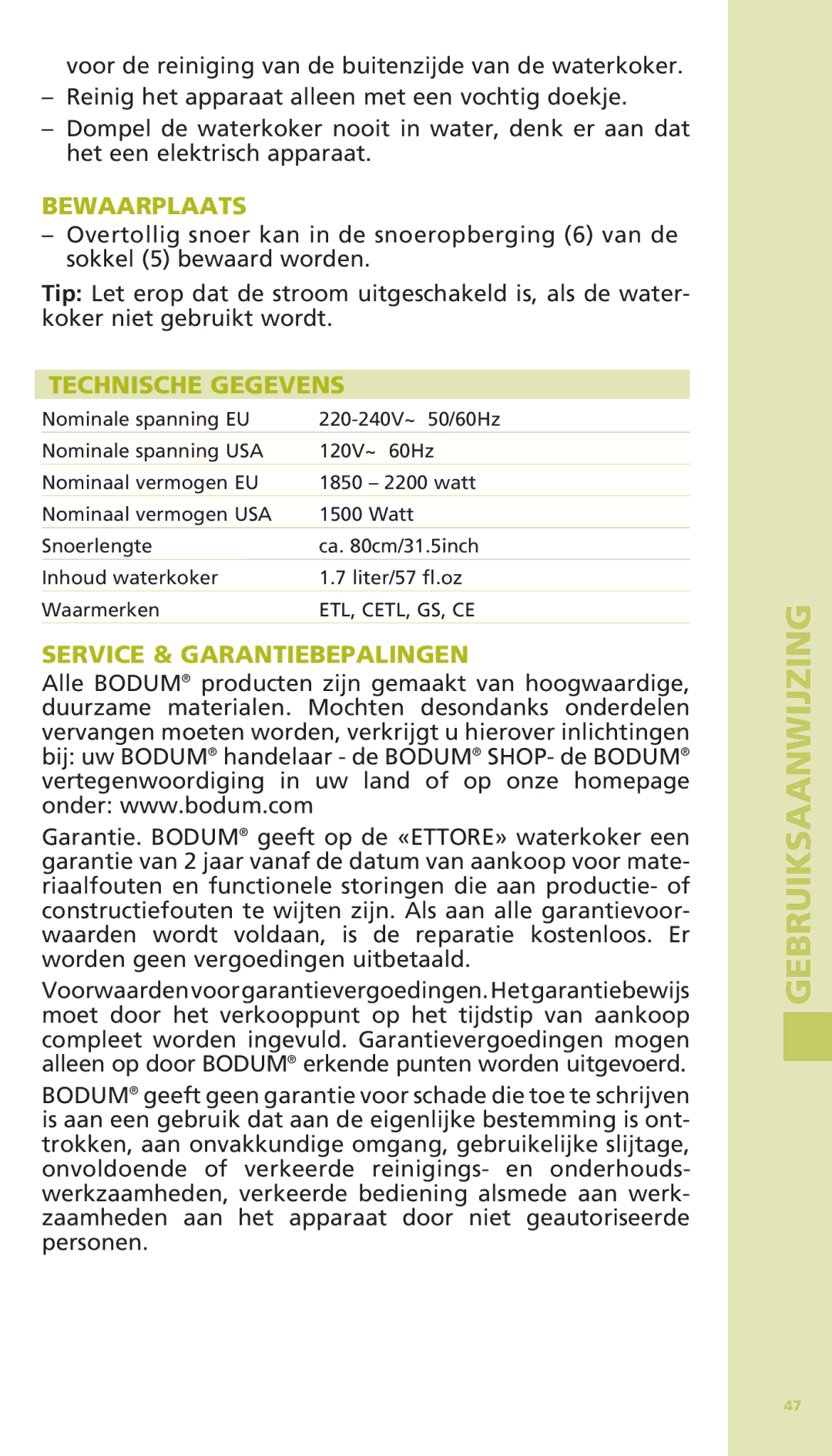 Bodum 11175 warranty Bewaarplaats, Technische Gegevens, Service & Garantiebepalingen 