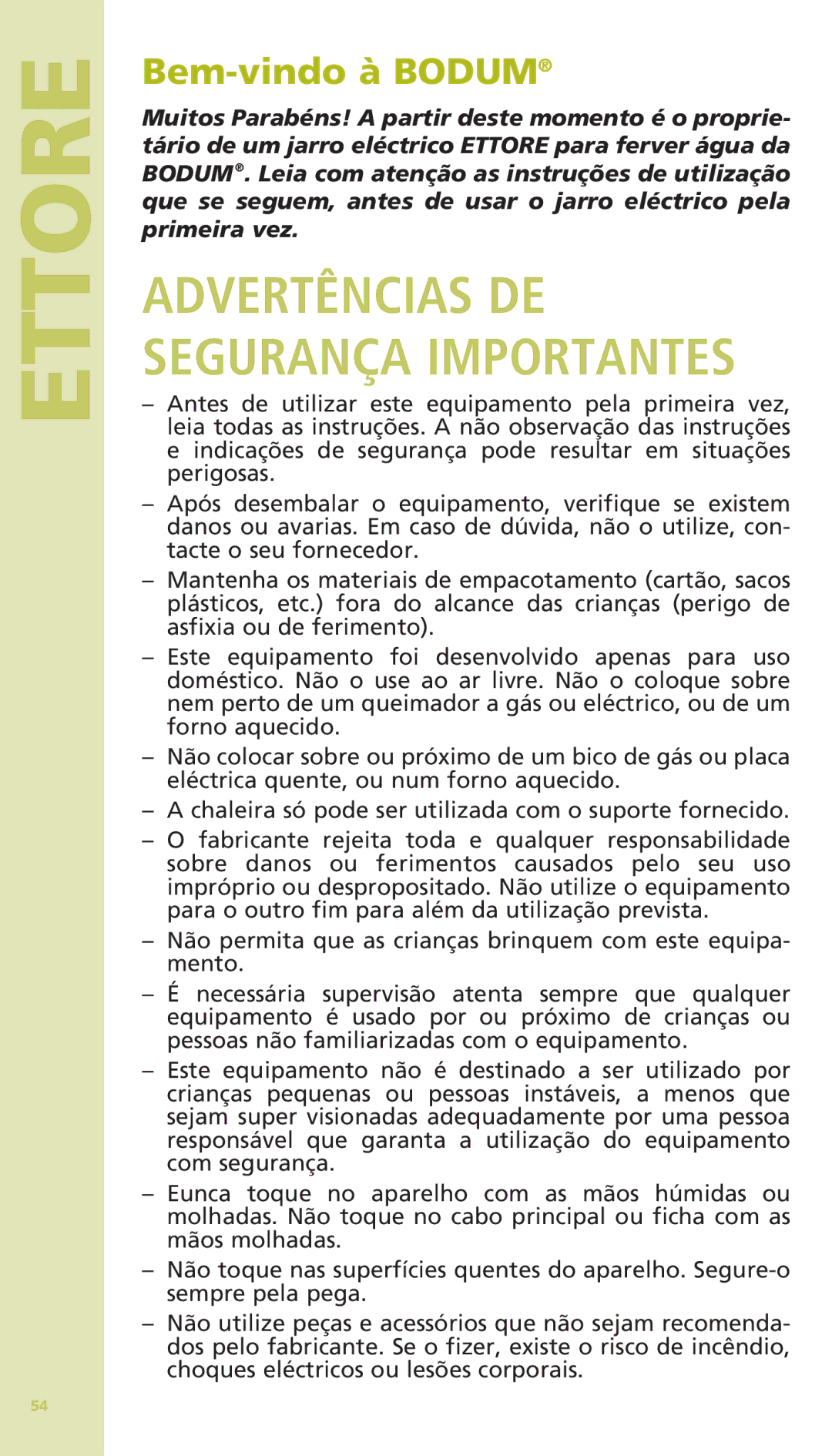 Bodum 11175 warranty Advertências DE Segurança Importantes, Bem-vindo à Bodum 