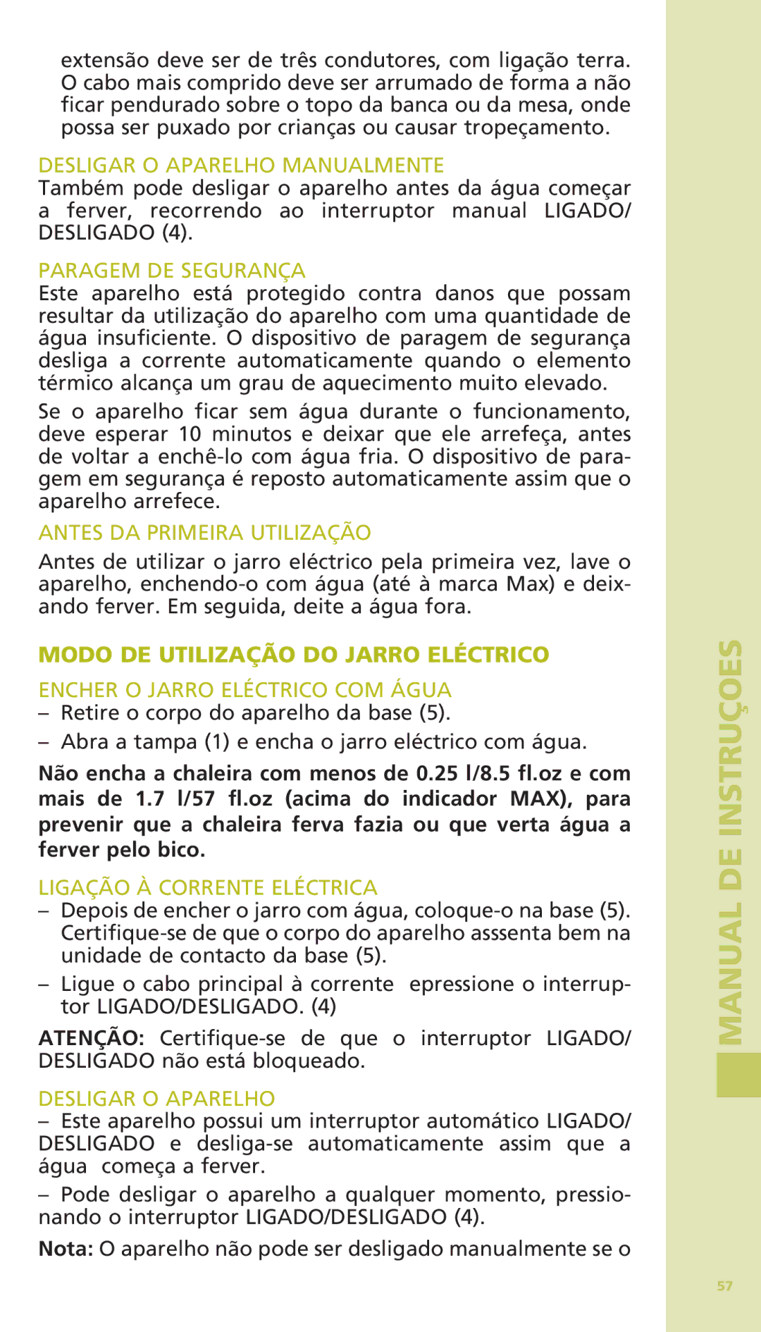 Bodum 11175 warranty Modo DE Utilização do Jarro Eléctrico 