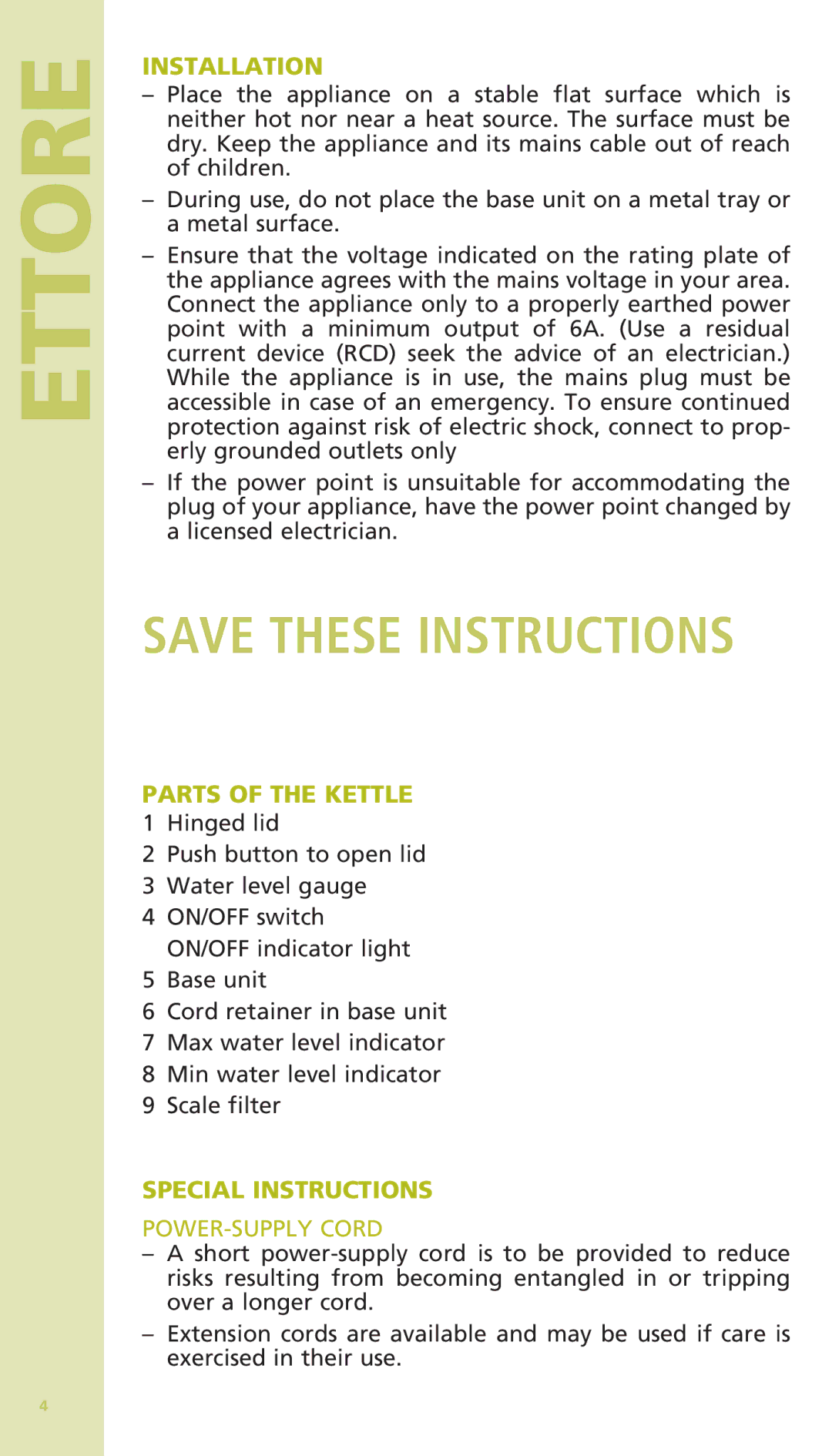 Bodum 11175 warranty Installation, Parts of the Kettle, Special Instructions, POWER-SUPPLY Cord 