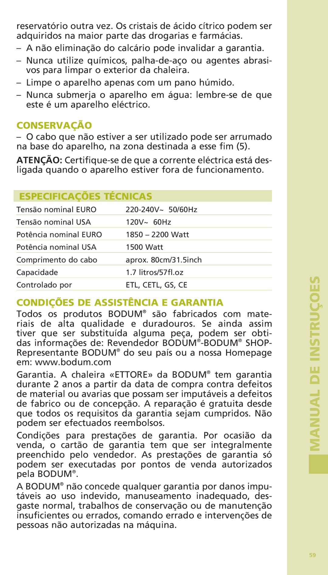 Bodum 11175 warranty Conservação, Especificações Técnicas, Condições DE Assistência E Garantia 