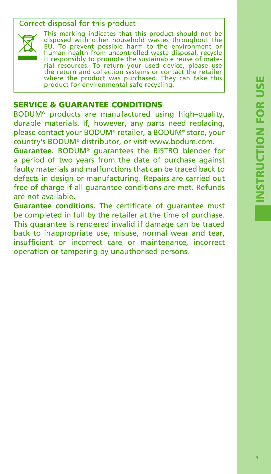 Bodum 11303 manual Correct disposal for this product, Service & Guarantee Conditions 