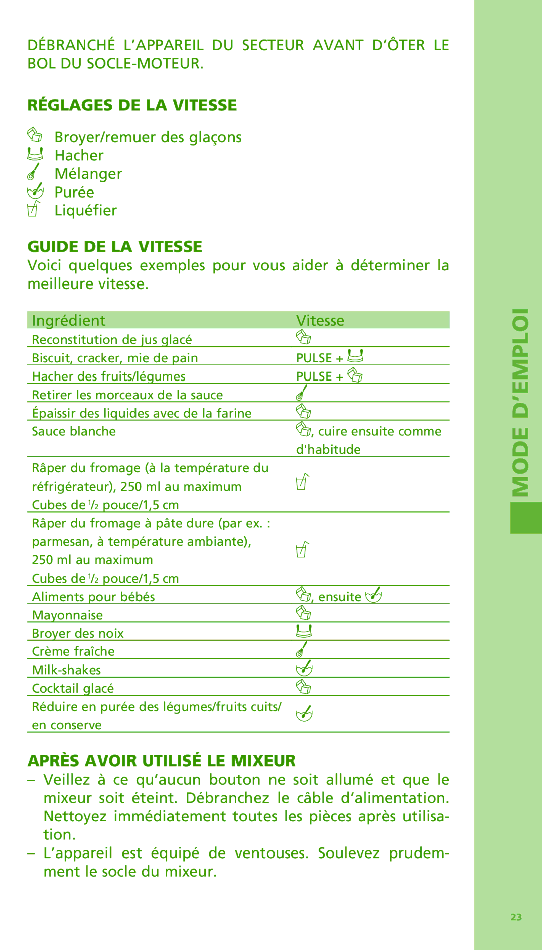 Bodum 11303 manual Réglages DE LA Vitesse, Broyer/remuer des glaçons Hacher Mélanger Purée Liquéfier, Guide DE LA Vitesse 