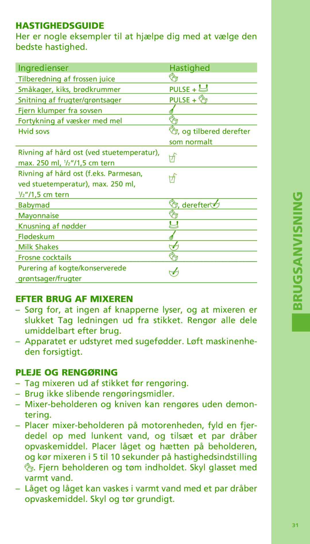 Bodum 11303 manual Hastighedsguide, Efter Brug AF Mixeren, Pleje OG Rengøring 