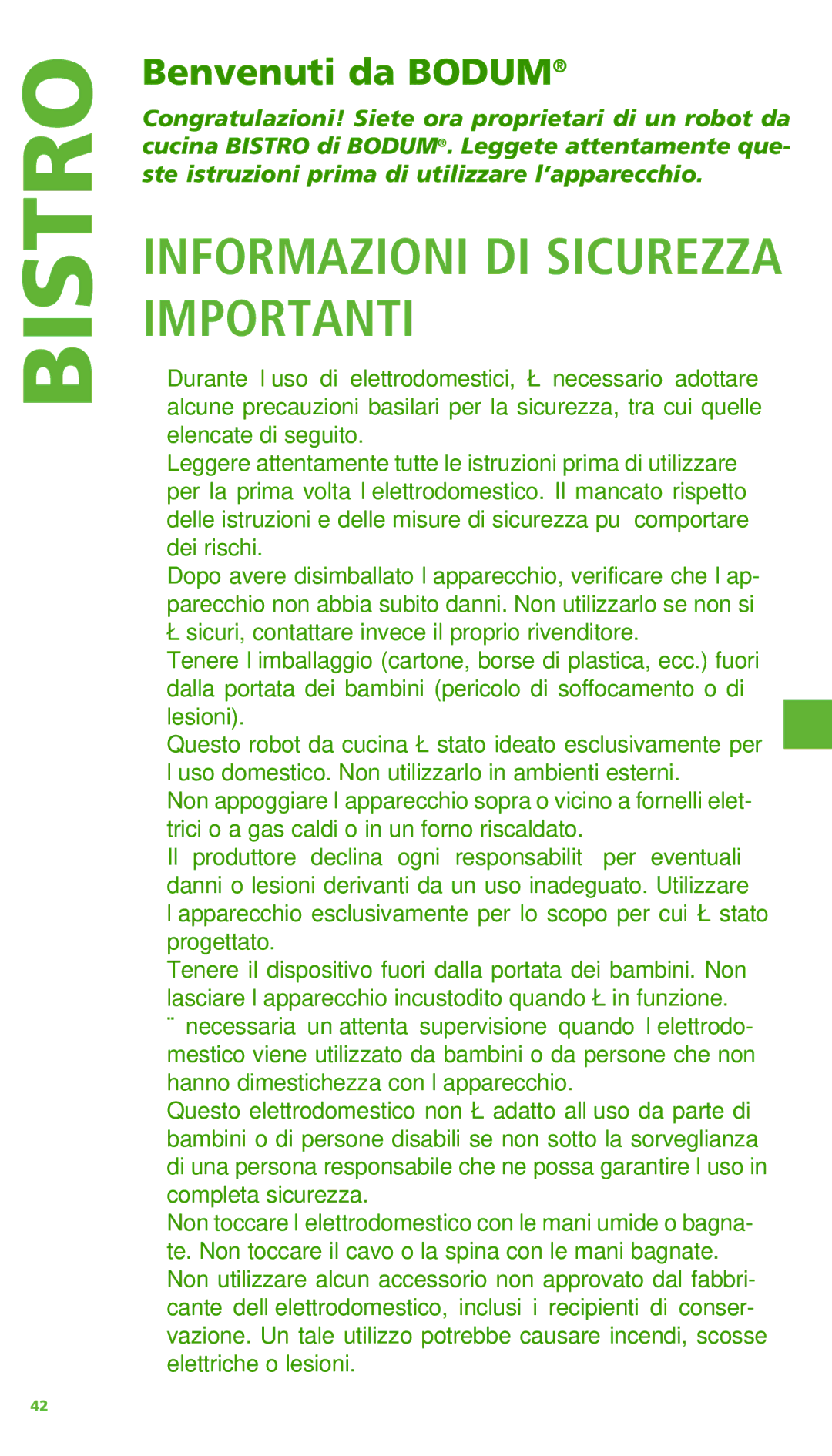 Bodum 11303 manual Informazioni DI Sicurezza Importanti, Benvenuti da Bodum 