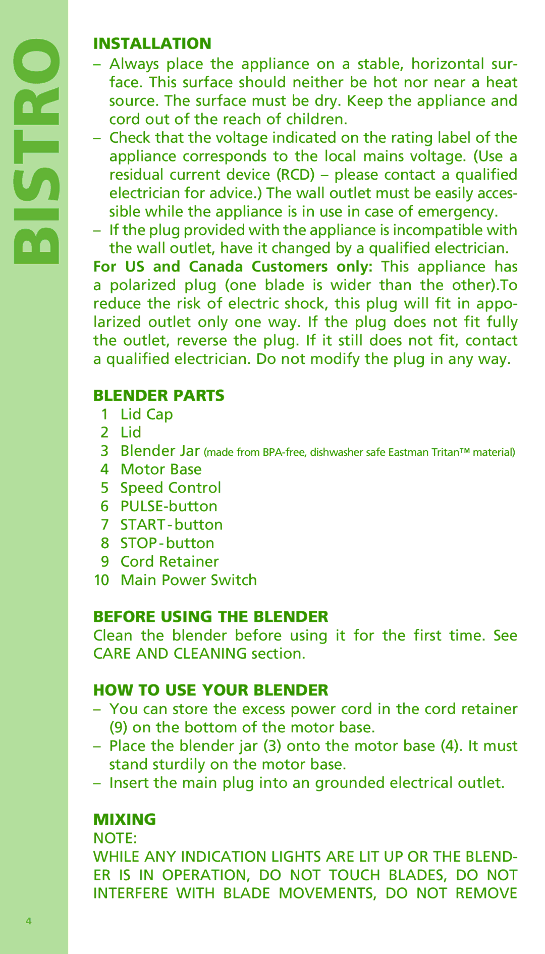 Bodum 11303 manual Installation, Blender Parts, Before Using the Blender, HOW to USE Your Blender, Mixing 